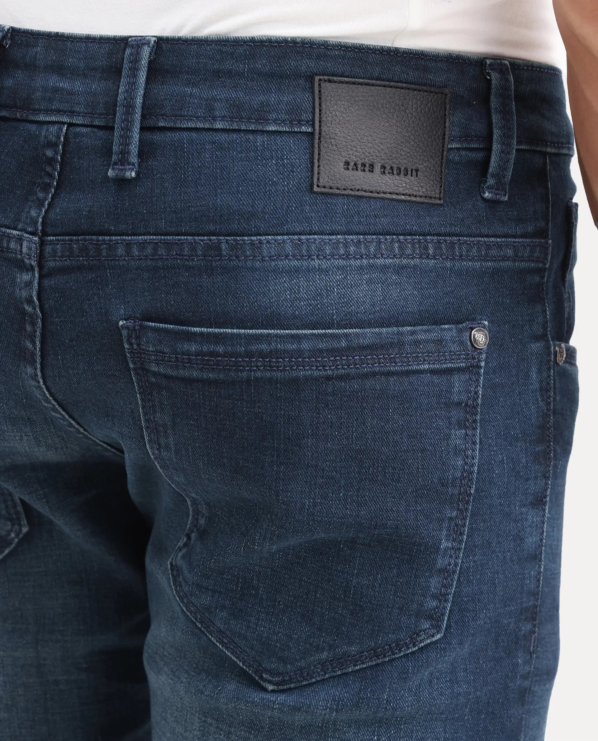 Rare Rabbit Men's Lenz D Dark Blue Cotton Blend Fabric Shank And Zipper Hawk Slim Plain Jeans