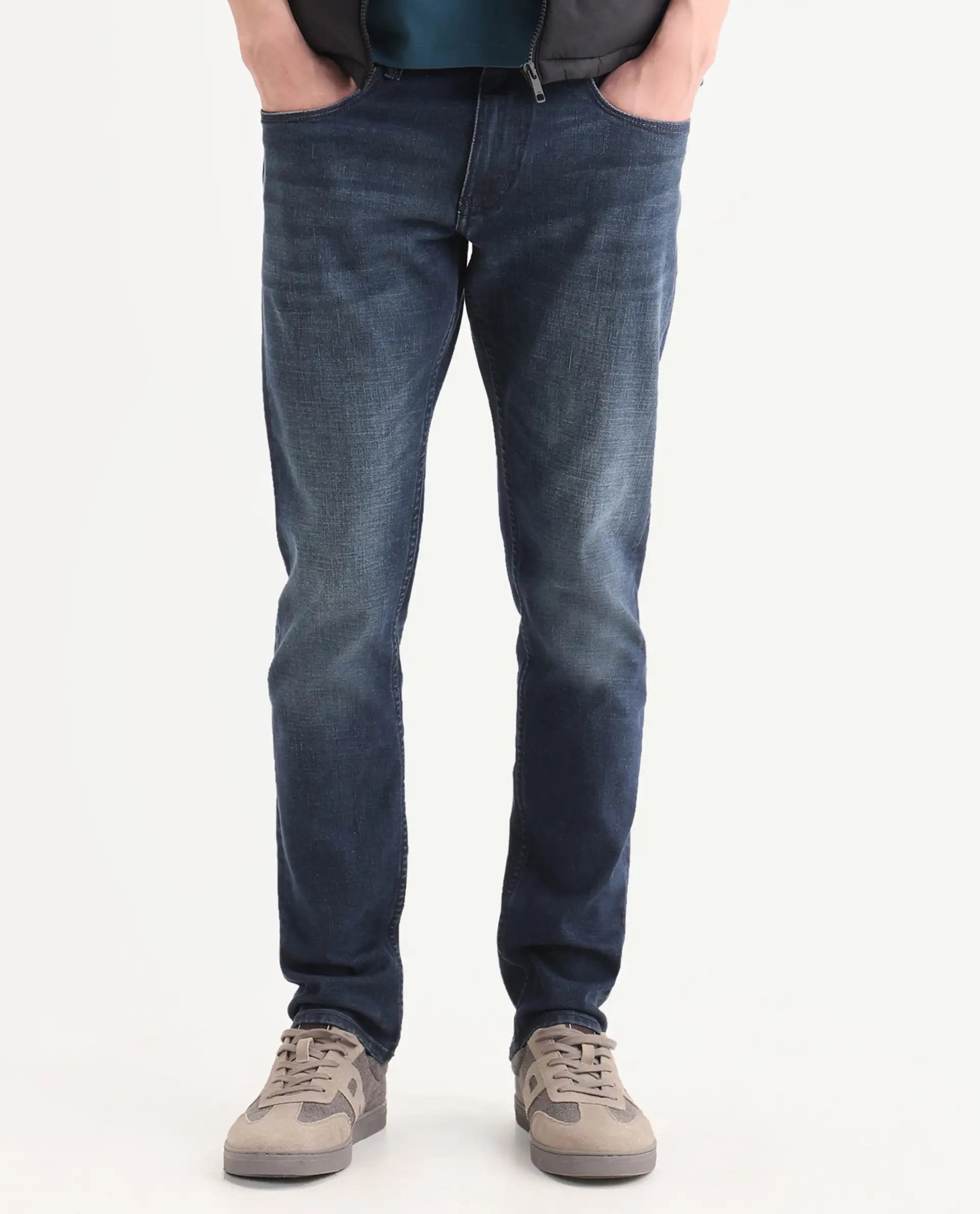 Rare Rabbit Men's Lenz L Blue Cotton Blend Fabric Shank And Zipper Hawk Slim Plain Jeans