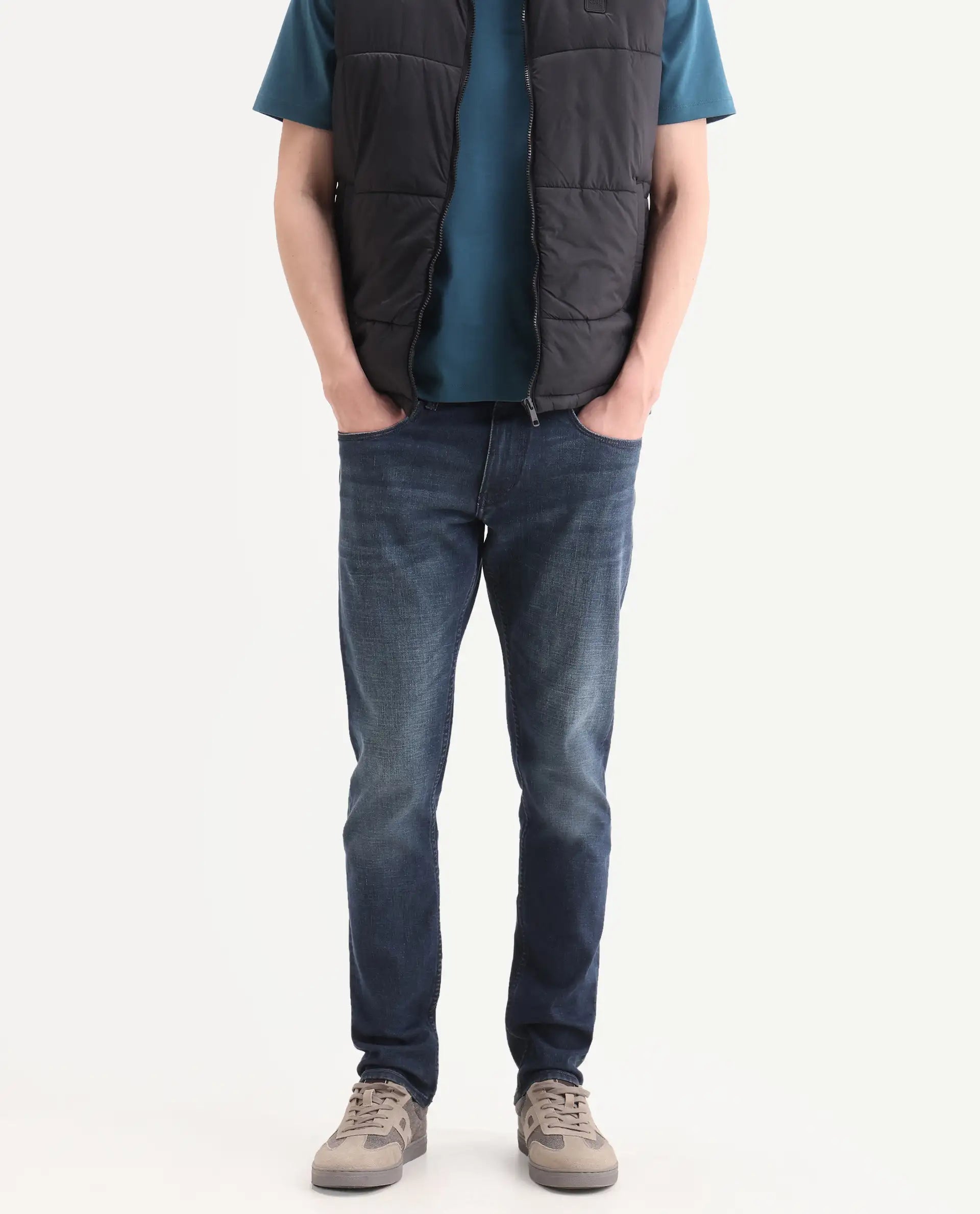Rare Rabbit Men's Lenz L Blue Cotton Blend Fabric Shank And Zipper Hawk Slim Plain Jeans