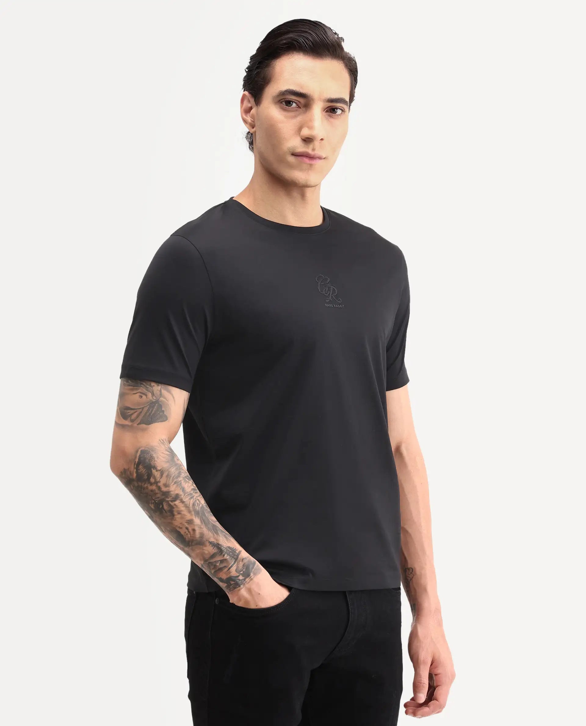 Rare Rabbit Men's Ject-S26 Black Cotton Fabric Half Sleeve Crew Neck Regular Fit Embroidered T-Shirt