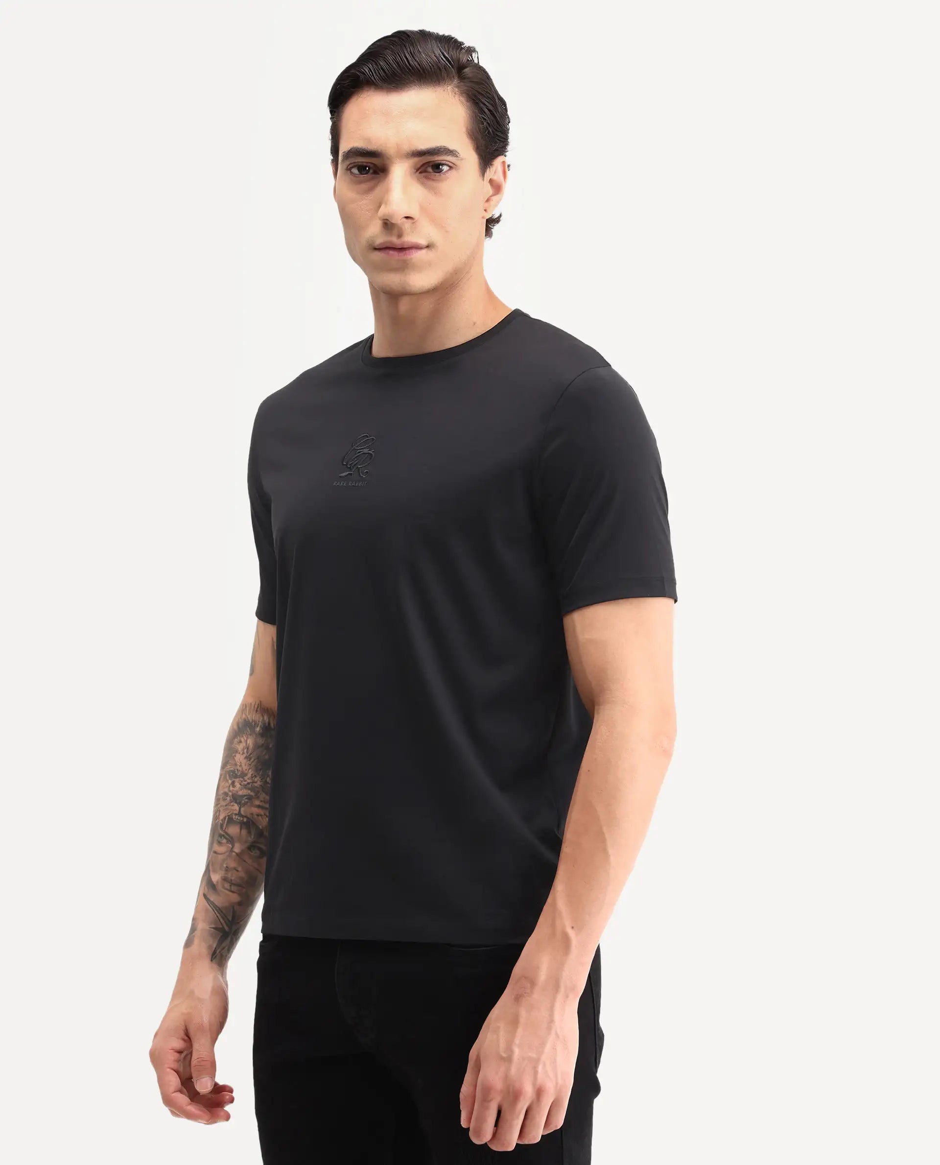 Rare Rabbit Men's Ject-S26 Black Cotton Fabric Half Sleeve Crew Neck Regular Fit Embroidered T-Shirt