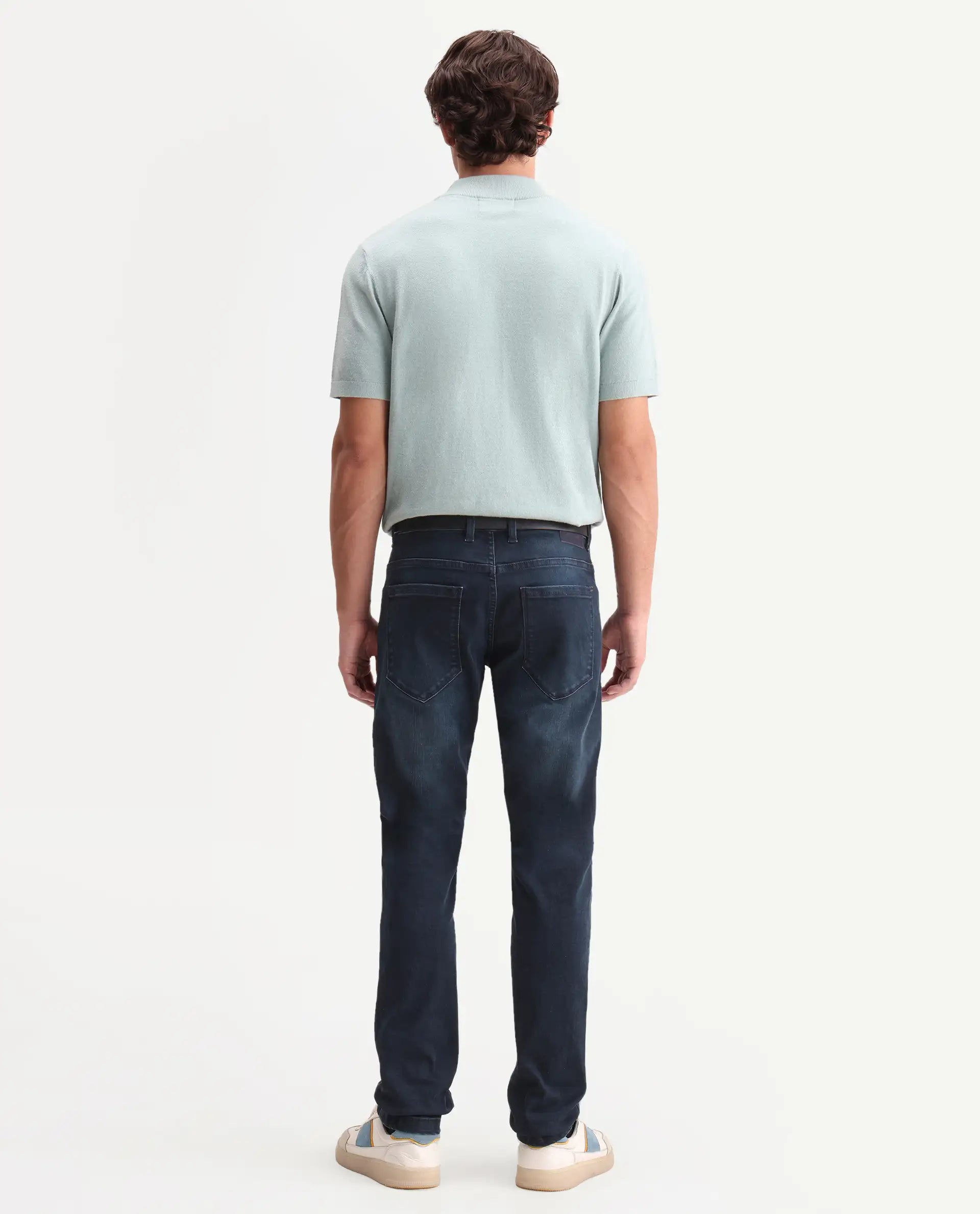 Rare Rabbit Men's Vark Dark Navy Cotton Blend Fabric Shank And Zipper Hawk Slim Plain Jeans