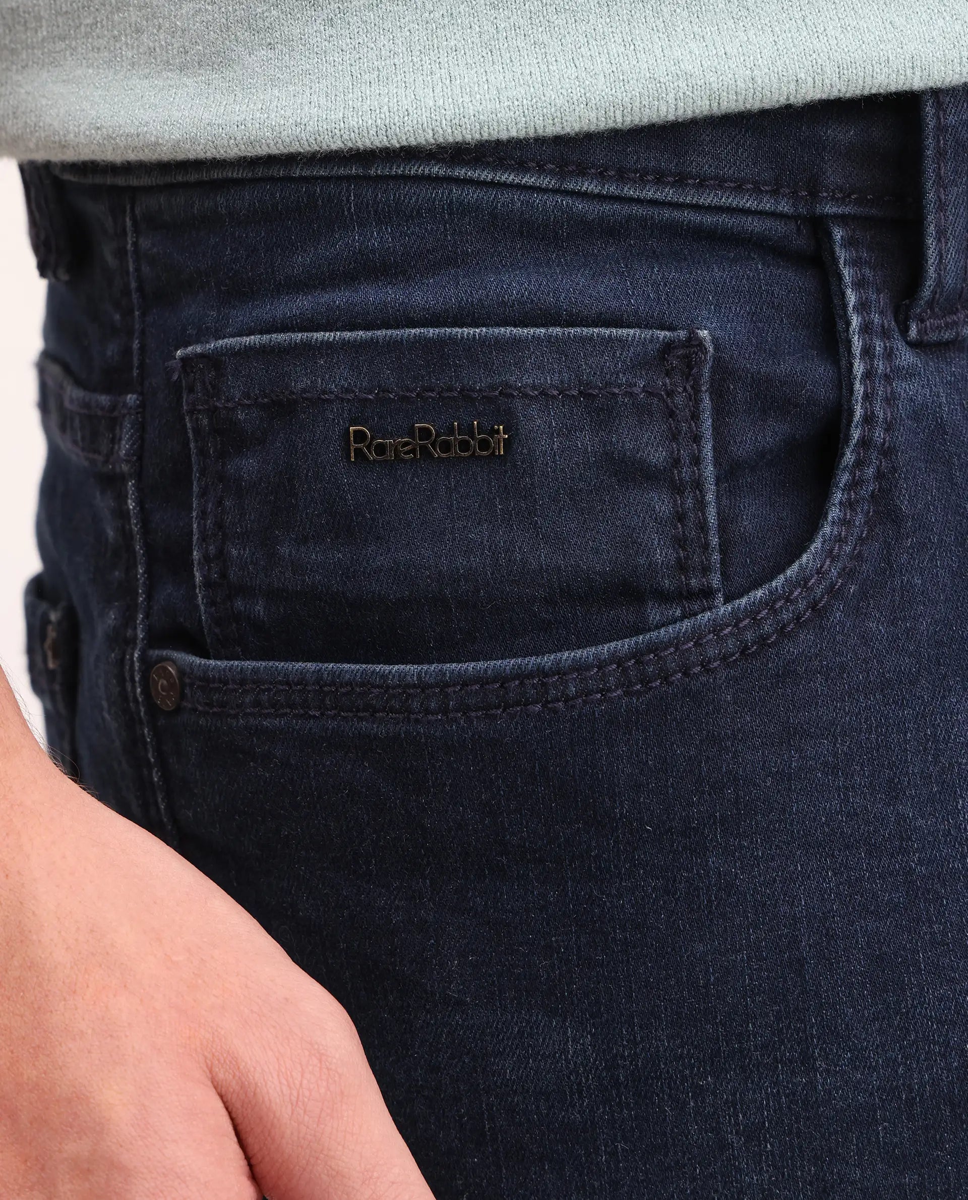 Rare Rabbit Men's Vark Dark Navy Cotton Blend Fabric Shank And Zipper Hawk Slim Plain Jeans
