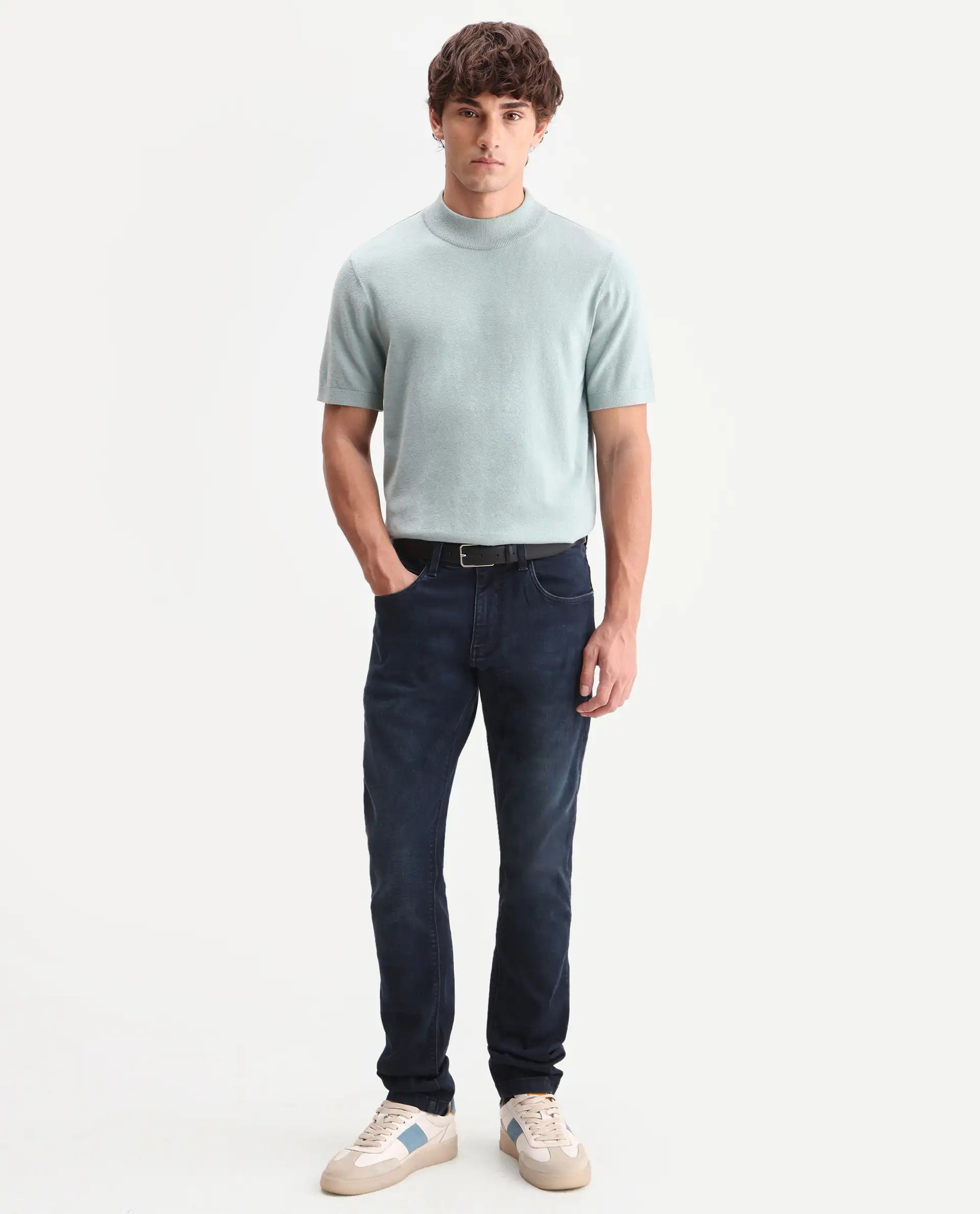Rare Rabbit Men's Vark Dark Navy Cotton Blend Fabric Shank And Zipper Hawk Slim Plain Jeans