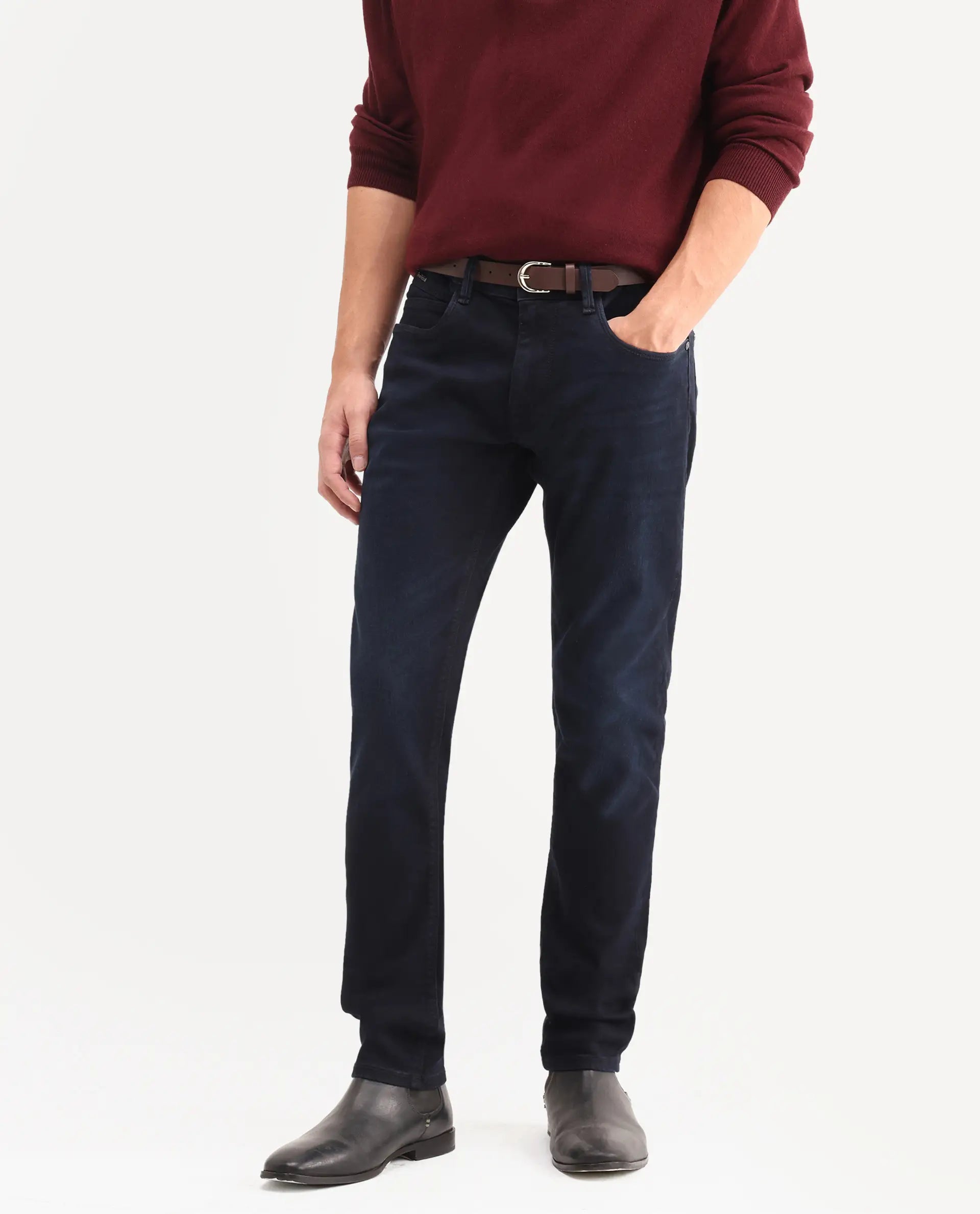 Rare Rabbit Men's Victo 26 Dark Blue Cotton Blend Fabric Shank And Zipper Hawk Slim Plain Jeans