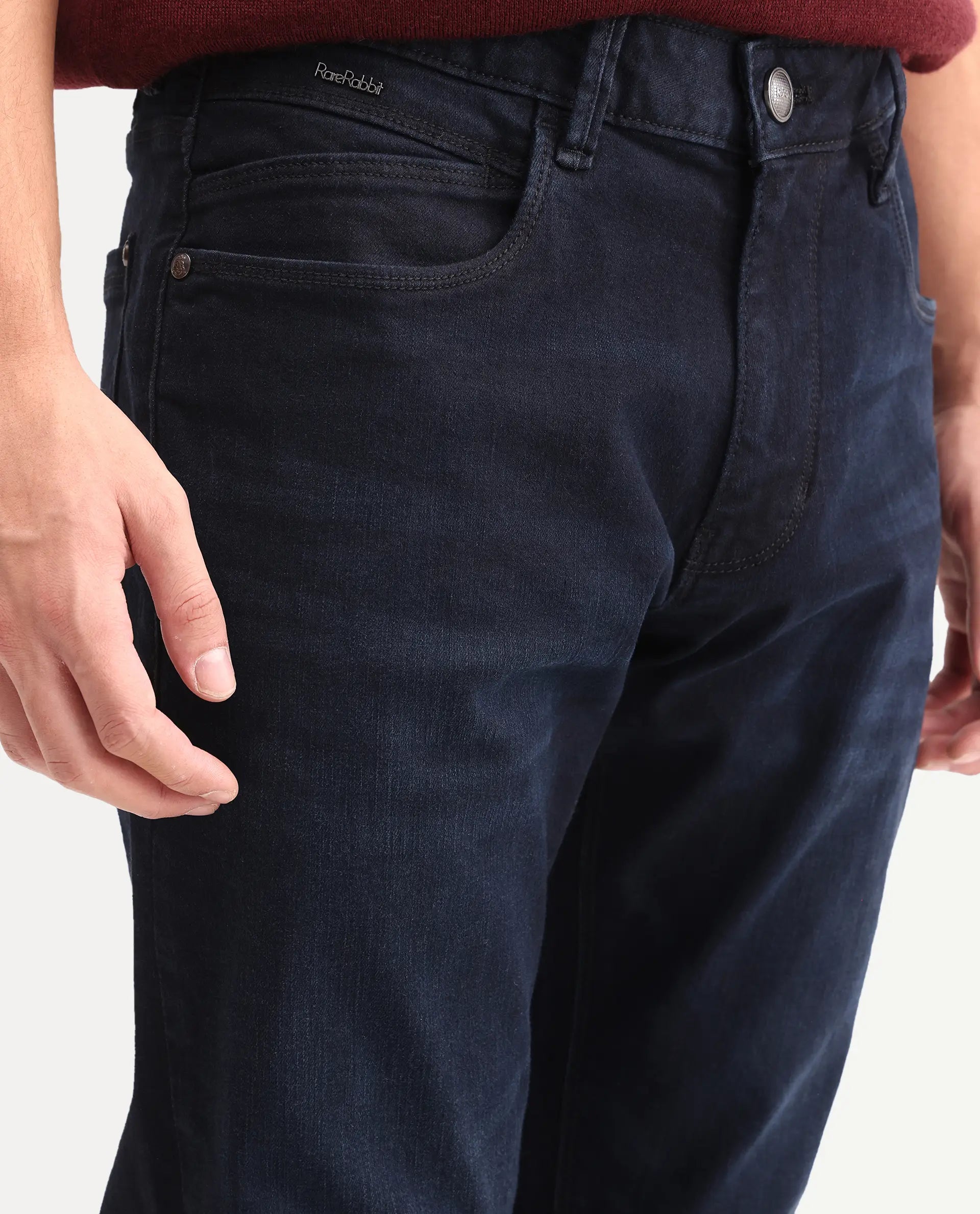 Rare Rabbit Men's Victo 26 Dark Blue Cotton Blend Fabric Shank And Zipper Hawk Slim Plain Jeans