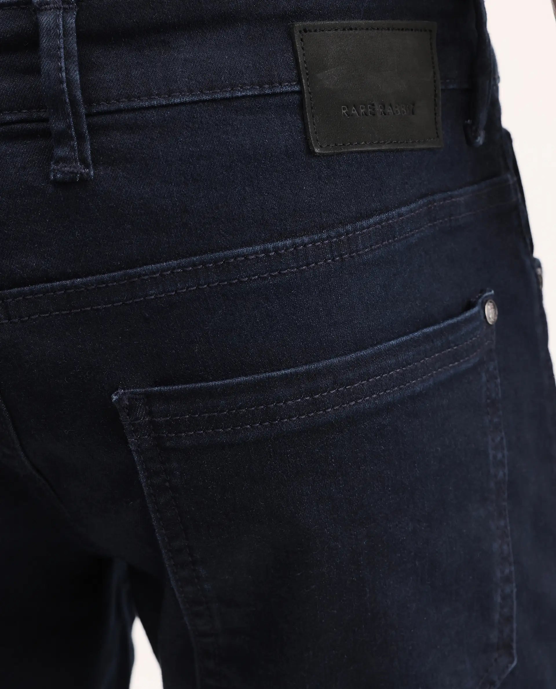 Rare Rabbit Men's Zint Dark Navy Cotton Blend Fabric Shank And Zipper Hawk Slim Plain Jeans