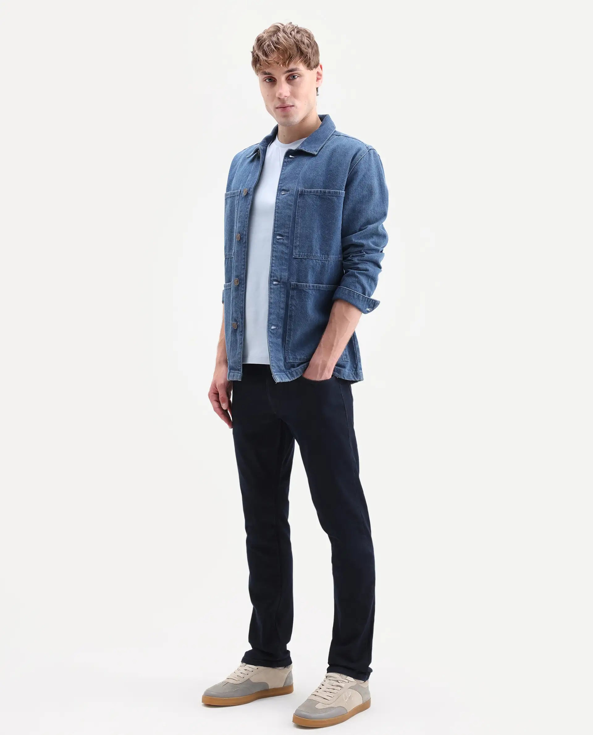 Rare Rabbit Men's Zint Dark Navy Cotton Blend Fabric Shank And Zipper Hawk Slim Plain Jeans