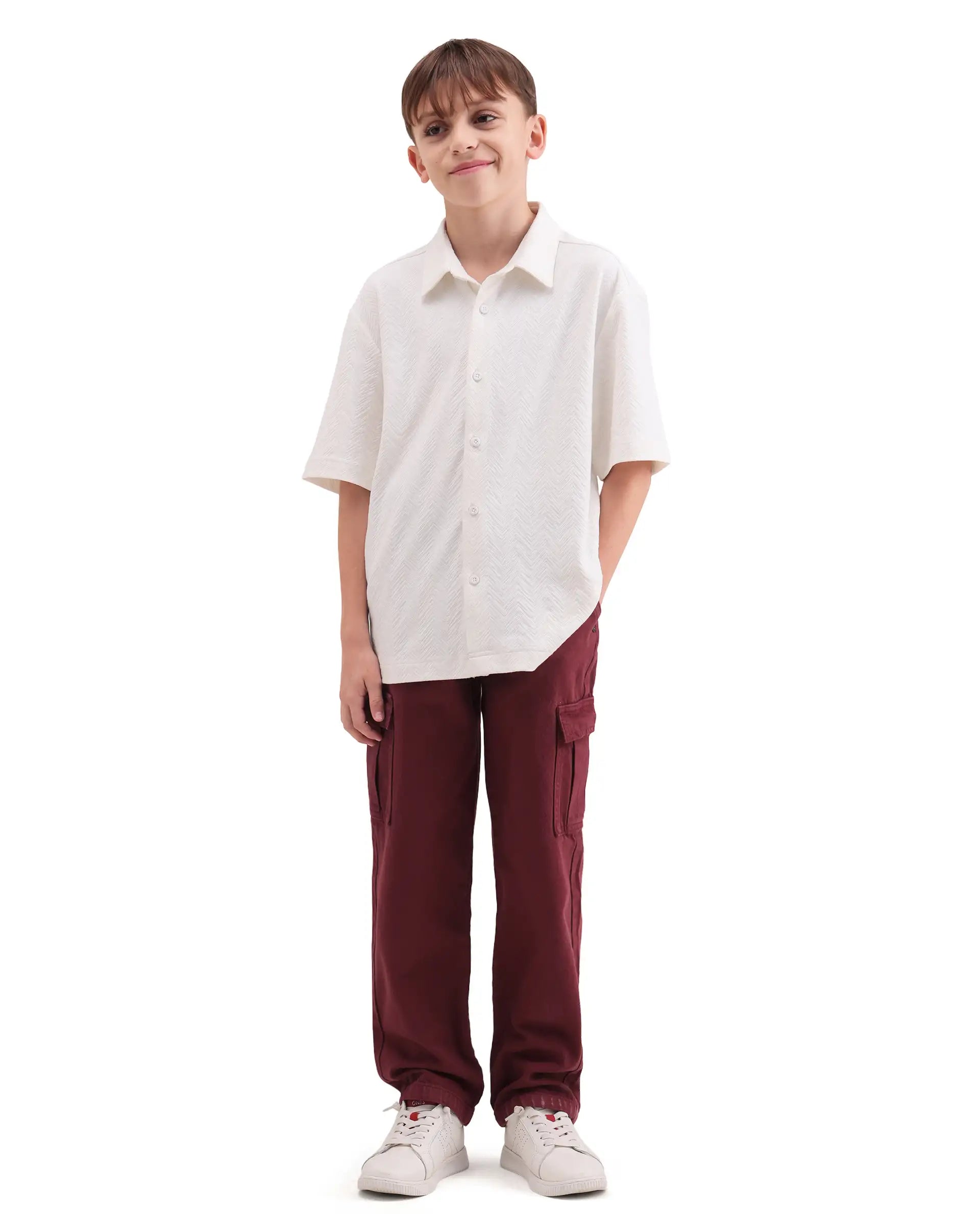 Rare Ones Kids Arrow-3 Maroon Cotton Fabric Zipper Closure Relaxed Fit Jeans