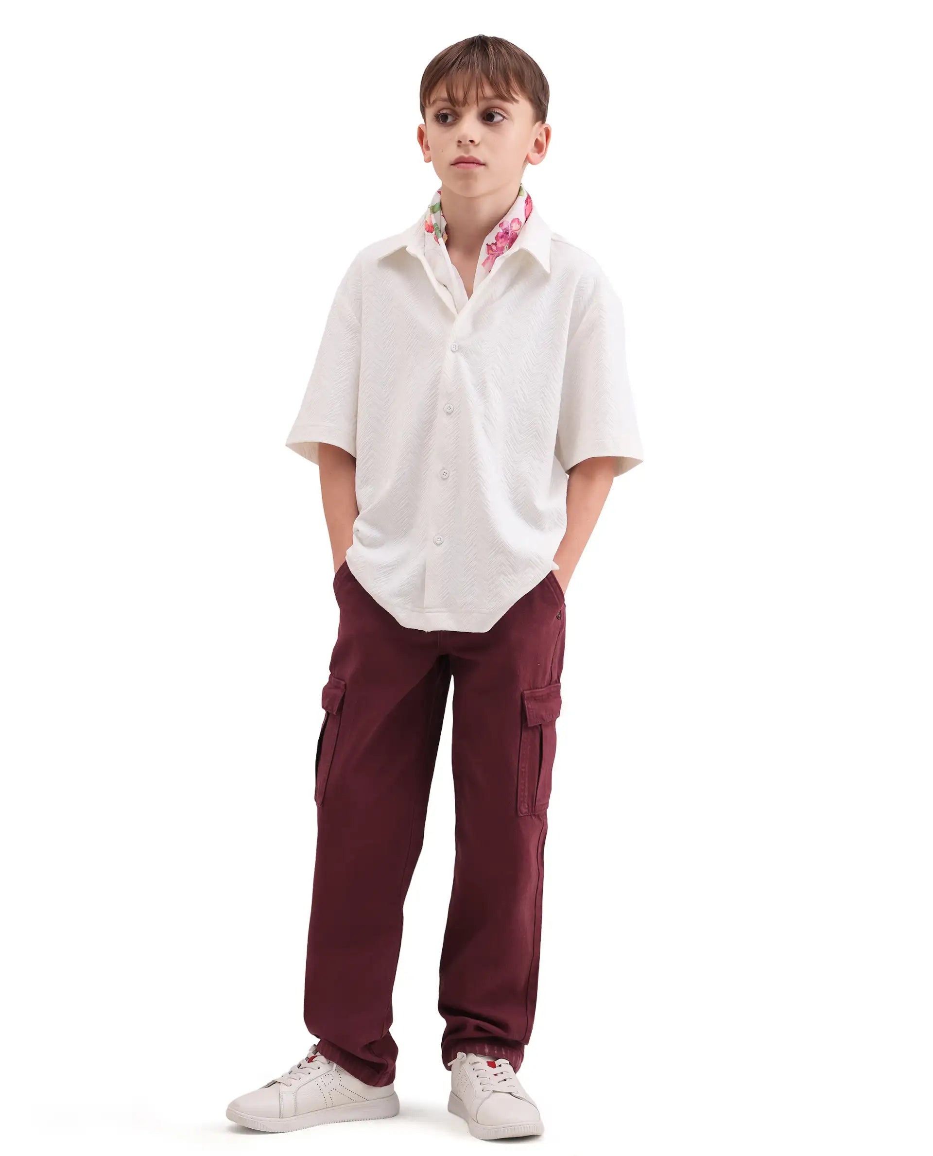 Rare Ones Kids Arrow-3 Maroon Cotton Fabric Zipper Closure Relaxed Fit Jeans