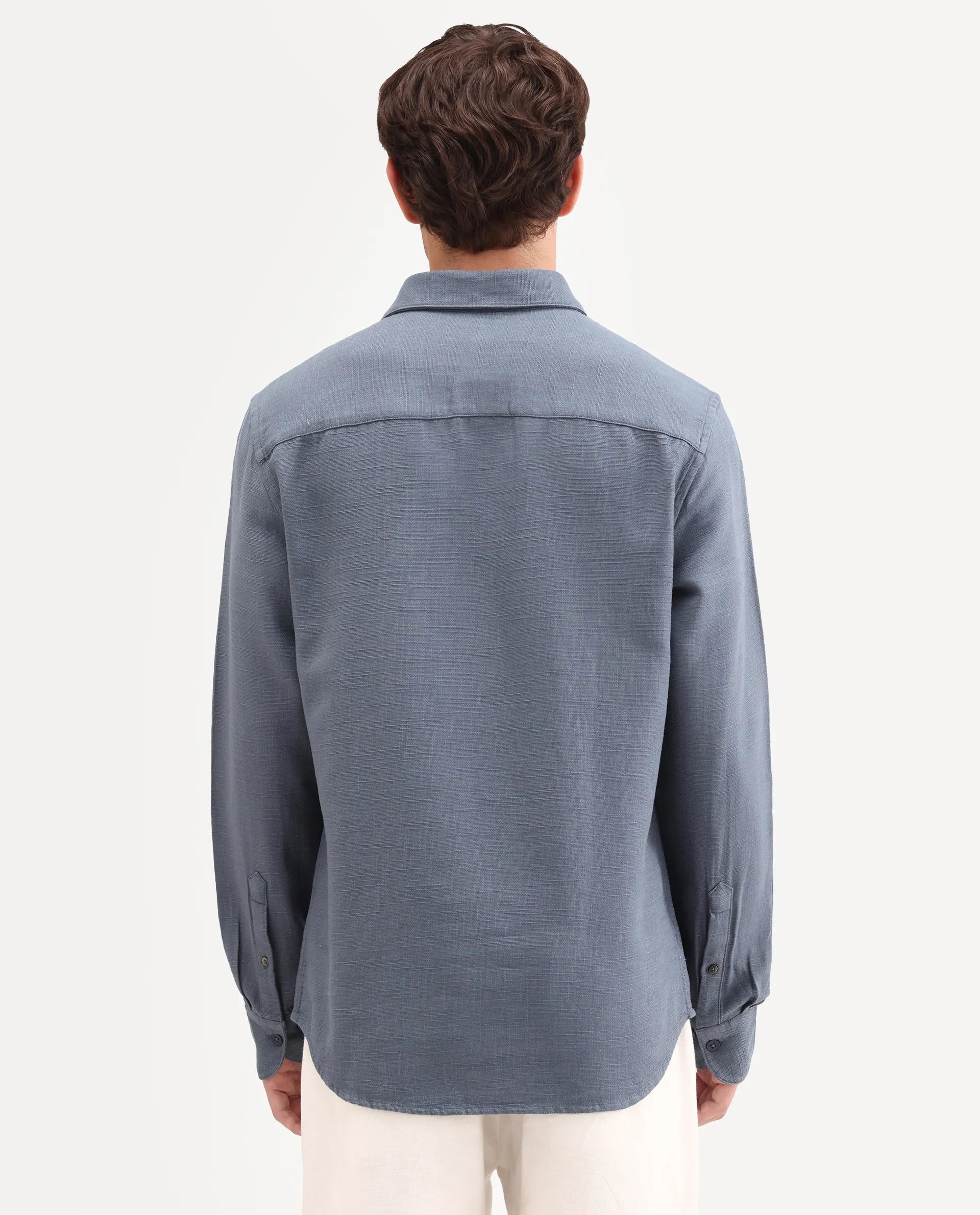 Rare Rabbit Men's Yelb Light Grey Cotton Fabric Full Sleeve Spread Collar Button Regular Embroidered Shirt