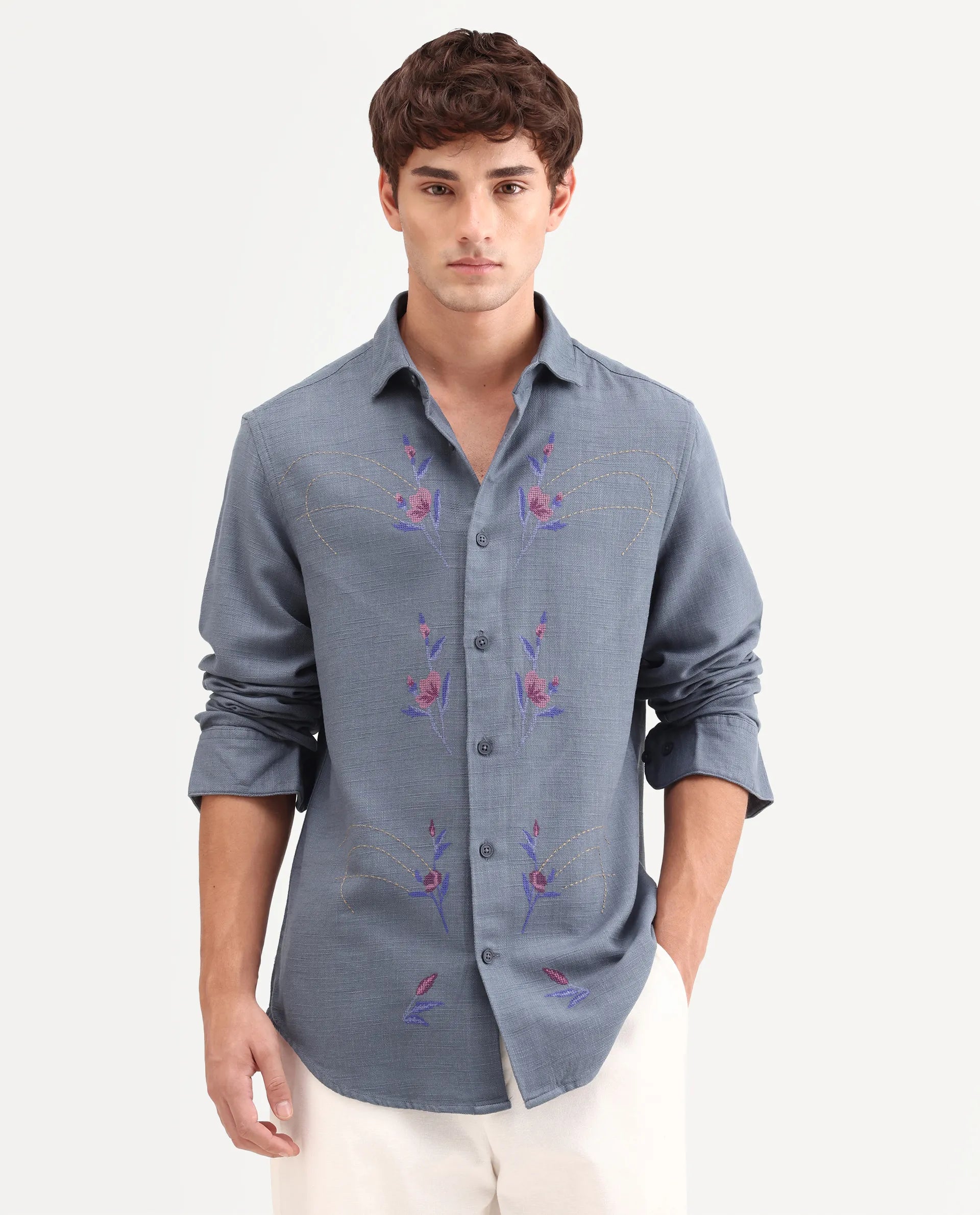 Rare Rabbit Men's Yelb Light Grey Cotton Fabric Full Sleeve Spread Collar Button Regular Embroidered Shirt