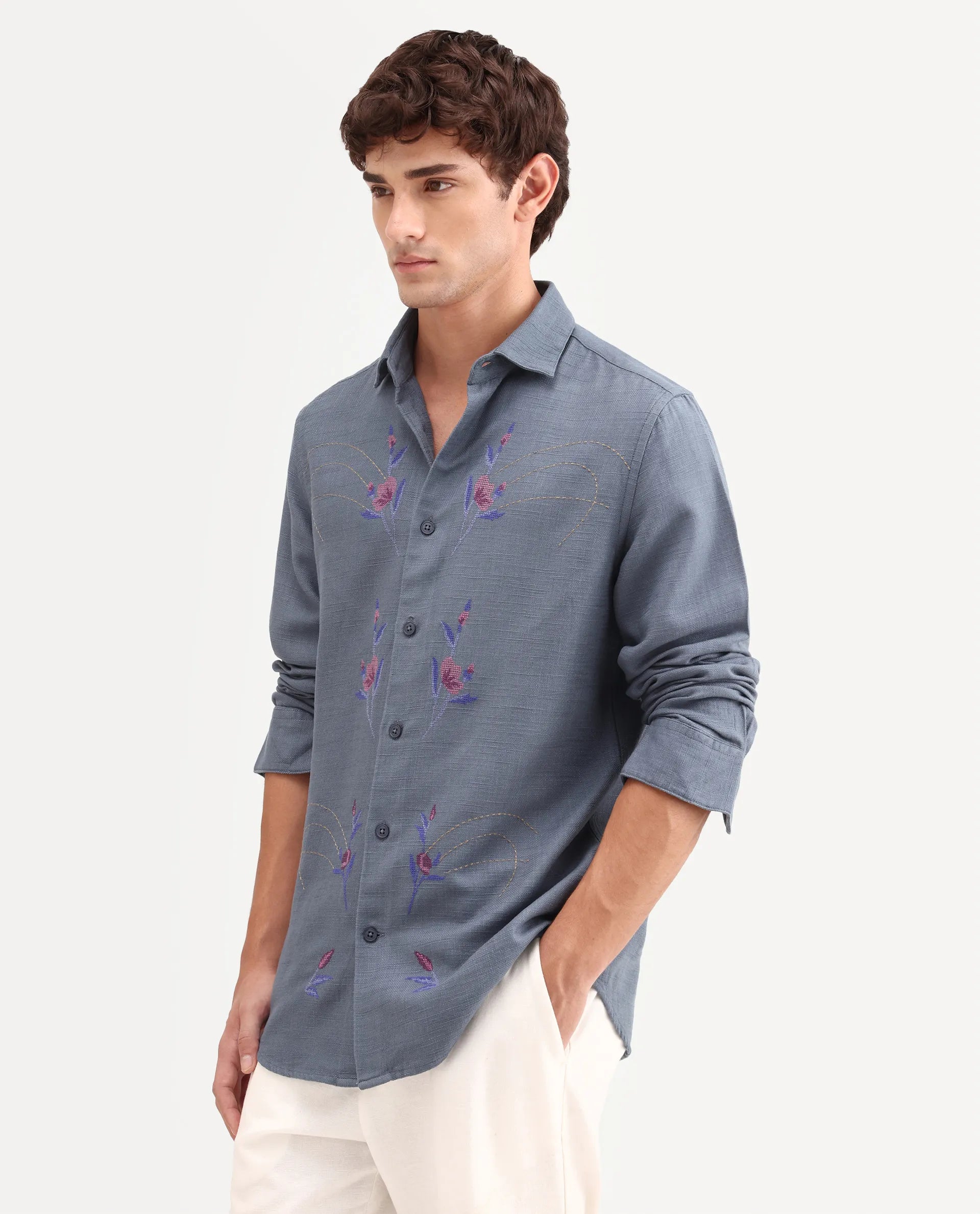 Rare Rabbit Men's Yelb Light Grey Cotton Fabric Full Sleeve Spread Collar Button Regular Embroidered Shirt