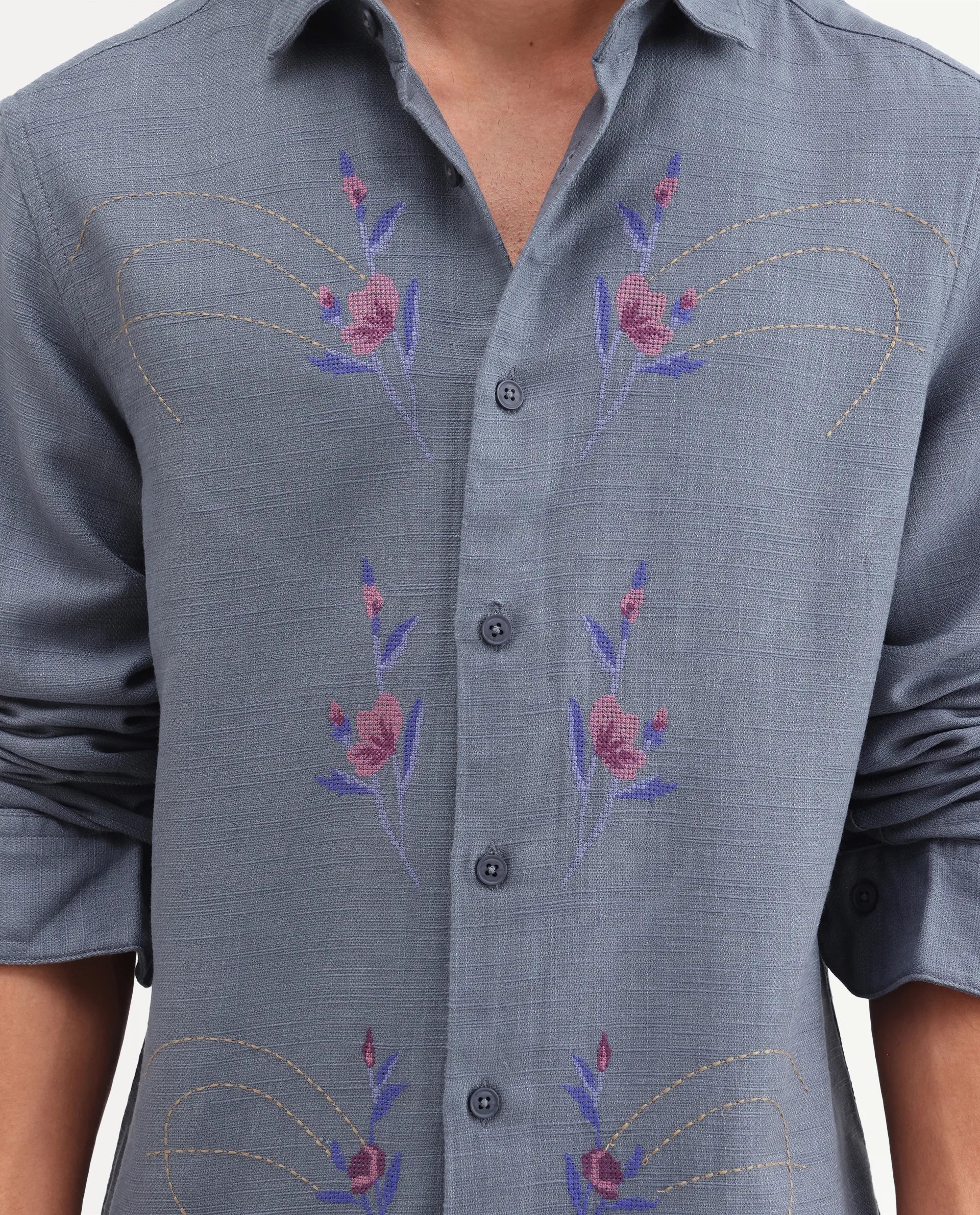 Rare Rabbit Men's Yelb Light Grey Cotton Fabric Full Sleeve Spread Collar Button Regular Embroidered Shirt