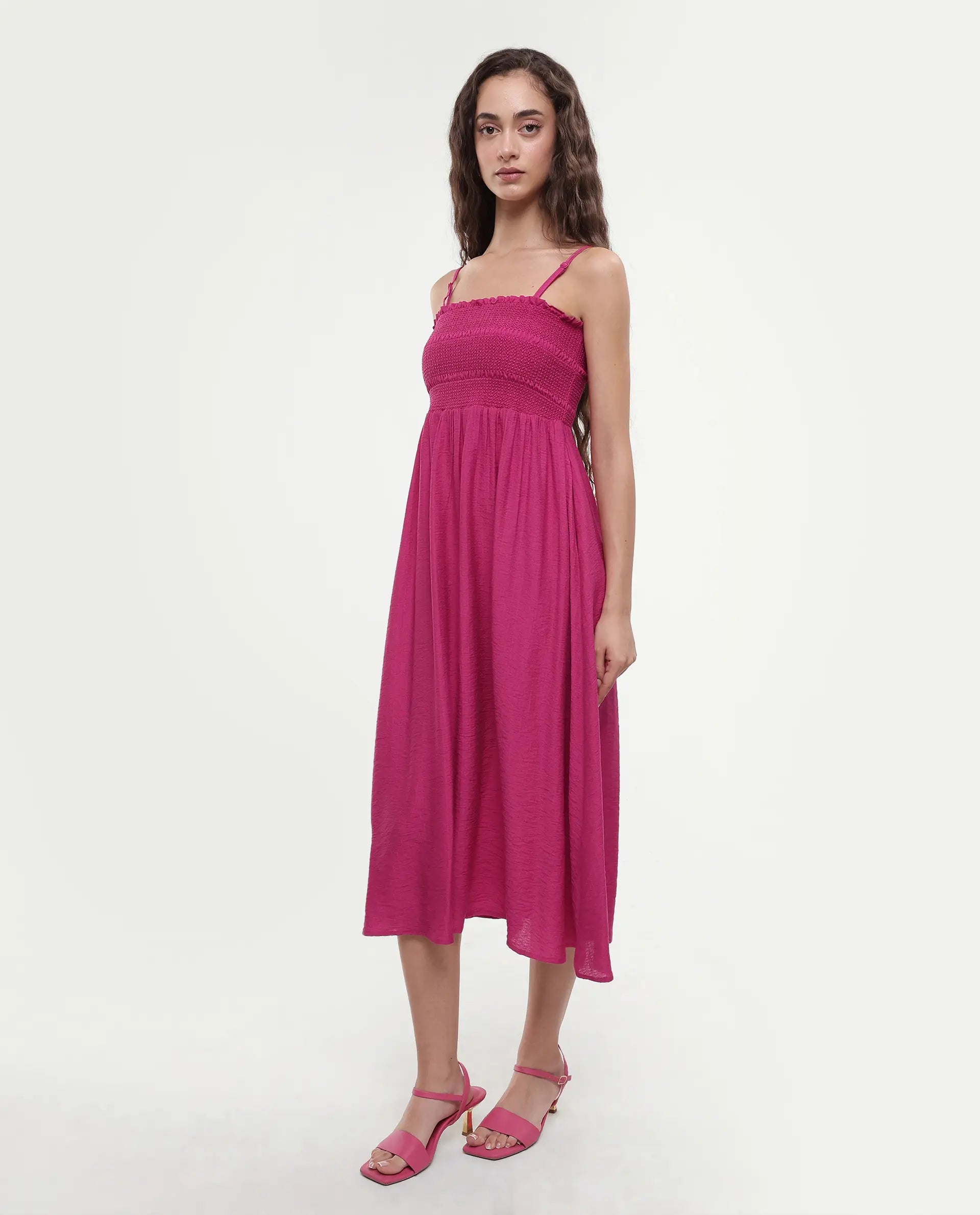 Rareism Women's Addzozo Pink Viscose Blend Sleeveless Tube Neck Elastic Fit And Flare Plain Dress
