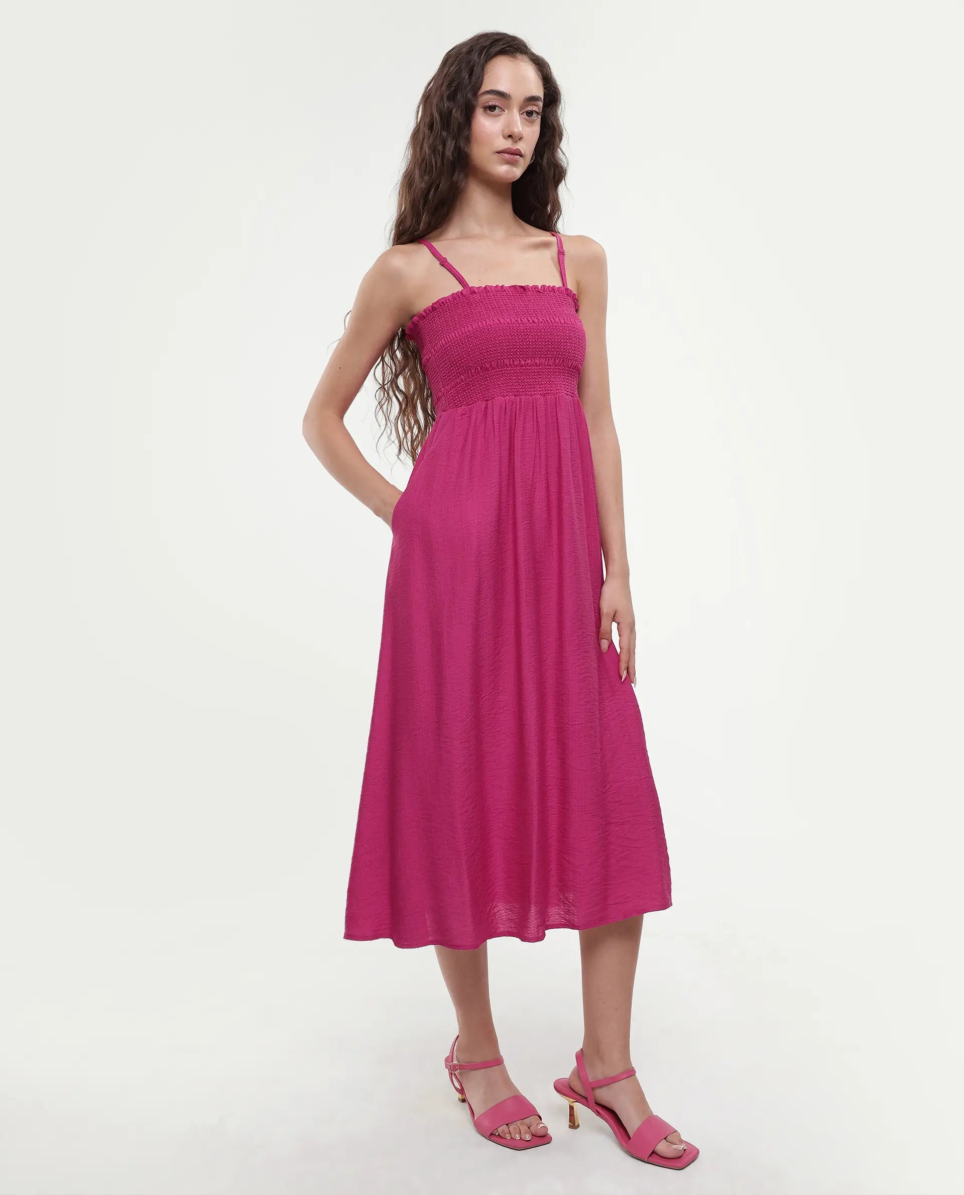 Rareism Women's Addzozo Pink Viscose Blend Sleeveless Tube Neck Elastic Fit And Flare Plain Dress