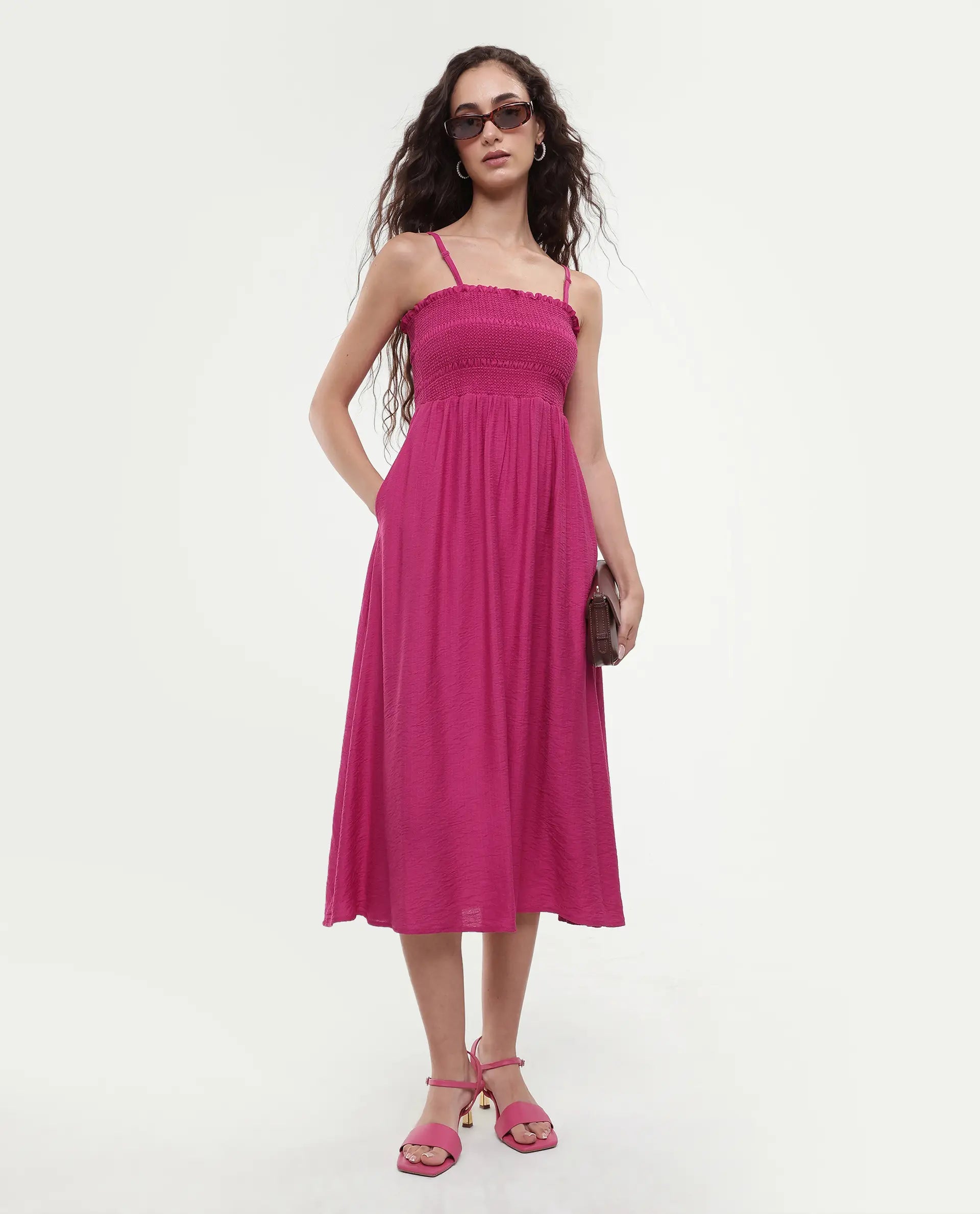 Rareism Women's Addzozo Pink Viscose Blend Sleeveless Tube Neck Elastic Fit And Flare Plain Dress