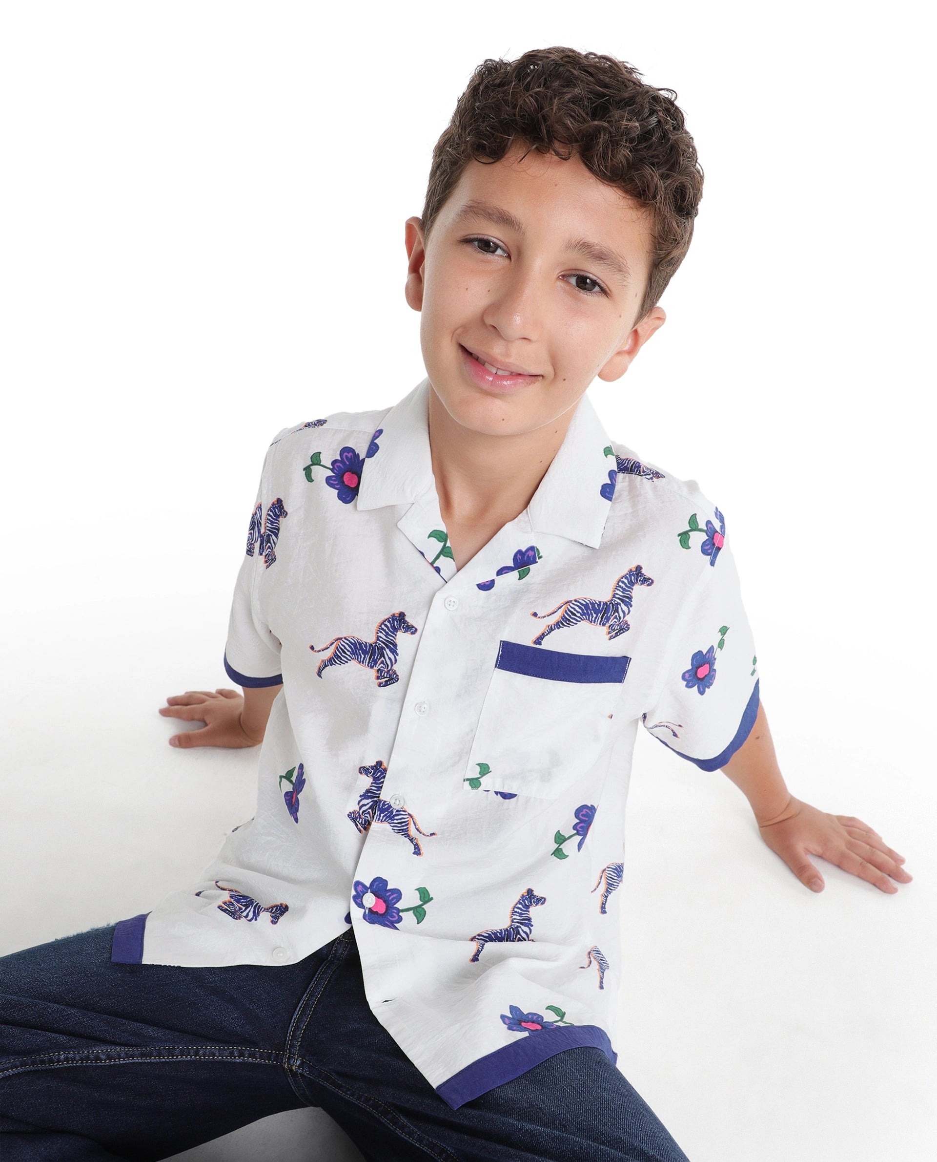 Rare Ones Kids Zaber White Viscose Blend Fabric Button Closure Cuban Fit Shirt