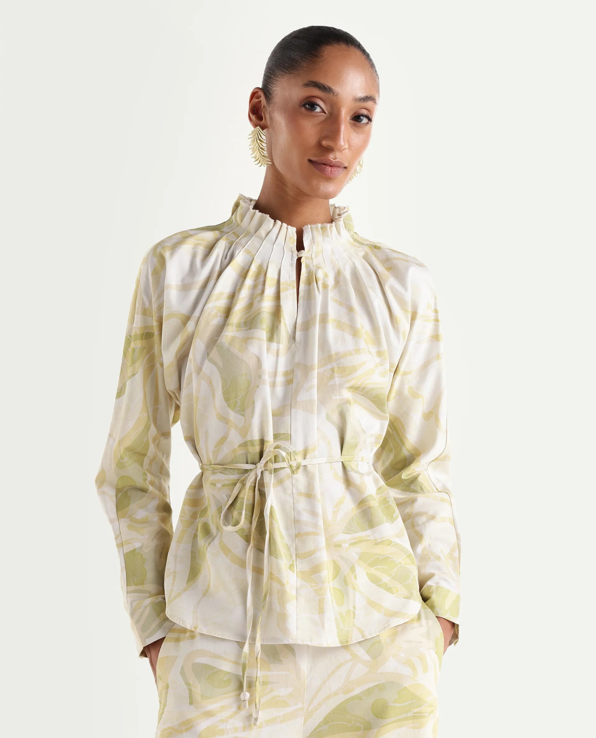 Rareism Women's Hyce-T Light Green Cotton Full Sleeve Pleated Neck Relaxed Fit Abstract Print Top