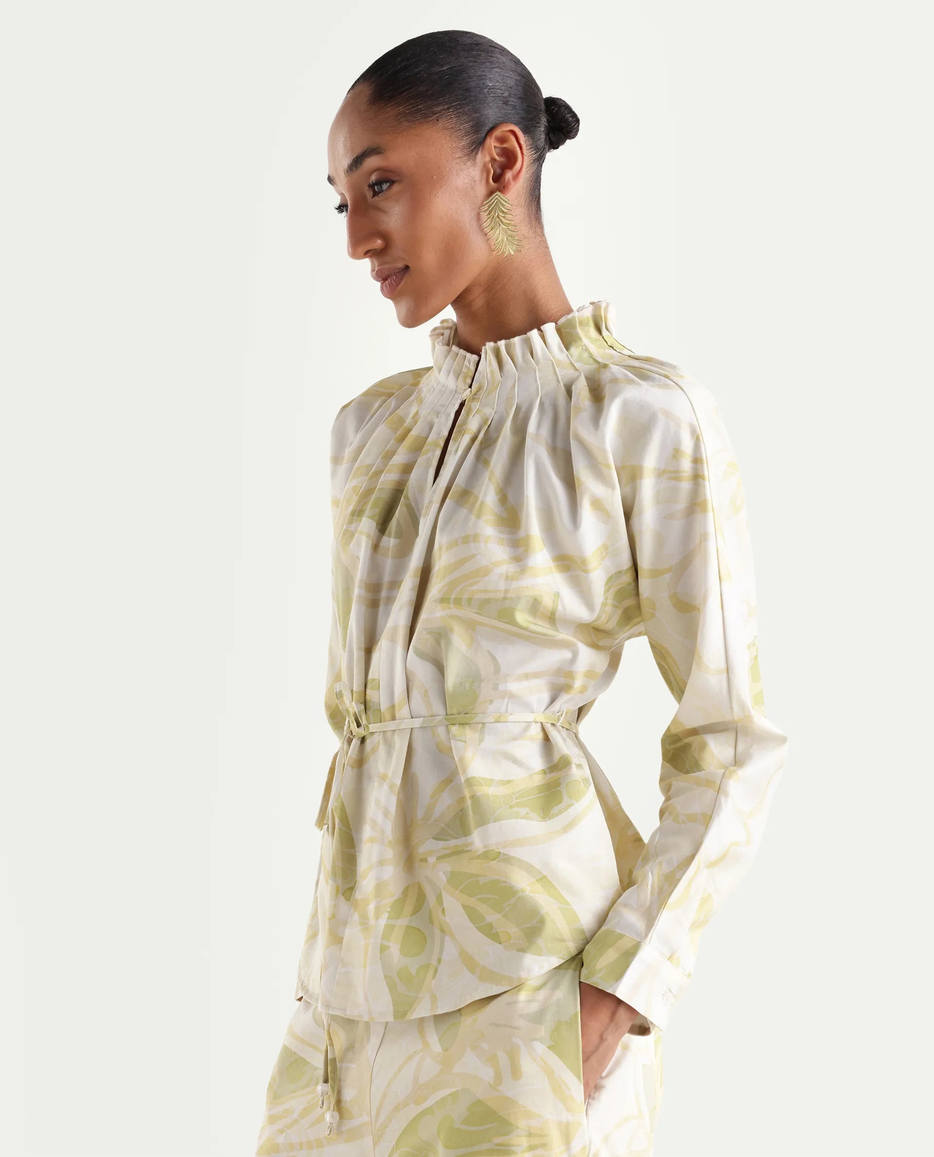 Rareism Women's Hyce-T Light Green Cotton Full Sleeve Pleated Neck Relaxed Fit Abstract Print Top