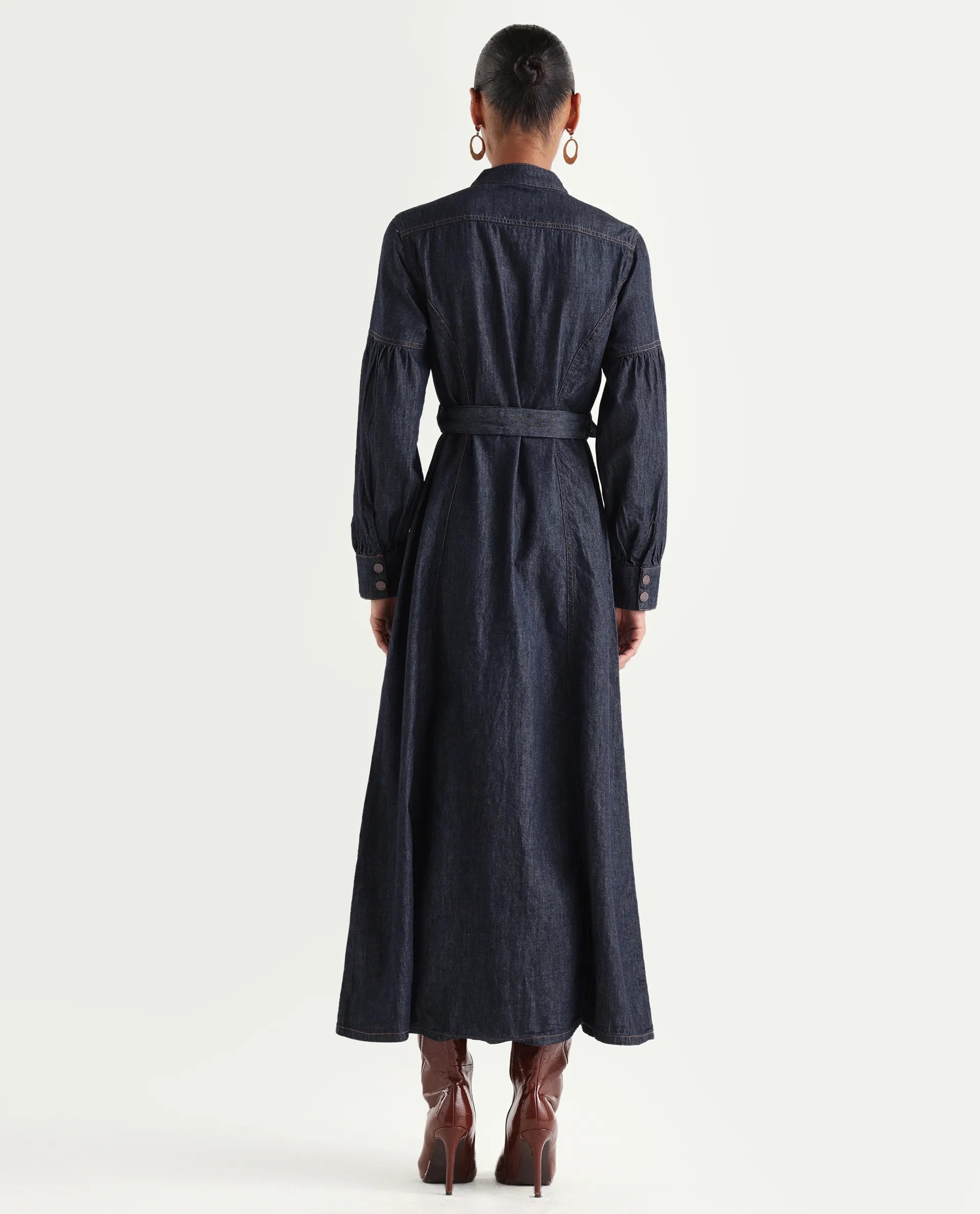 Rareism Women's Denzia Dark Blue Cotton Full Sleeve Spread Collar Regular Fit Plain Dress
