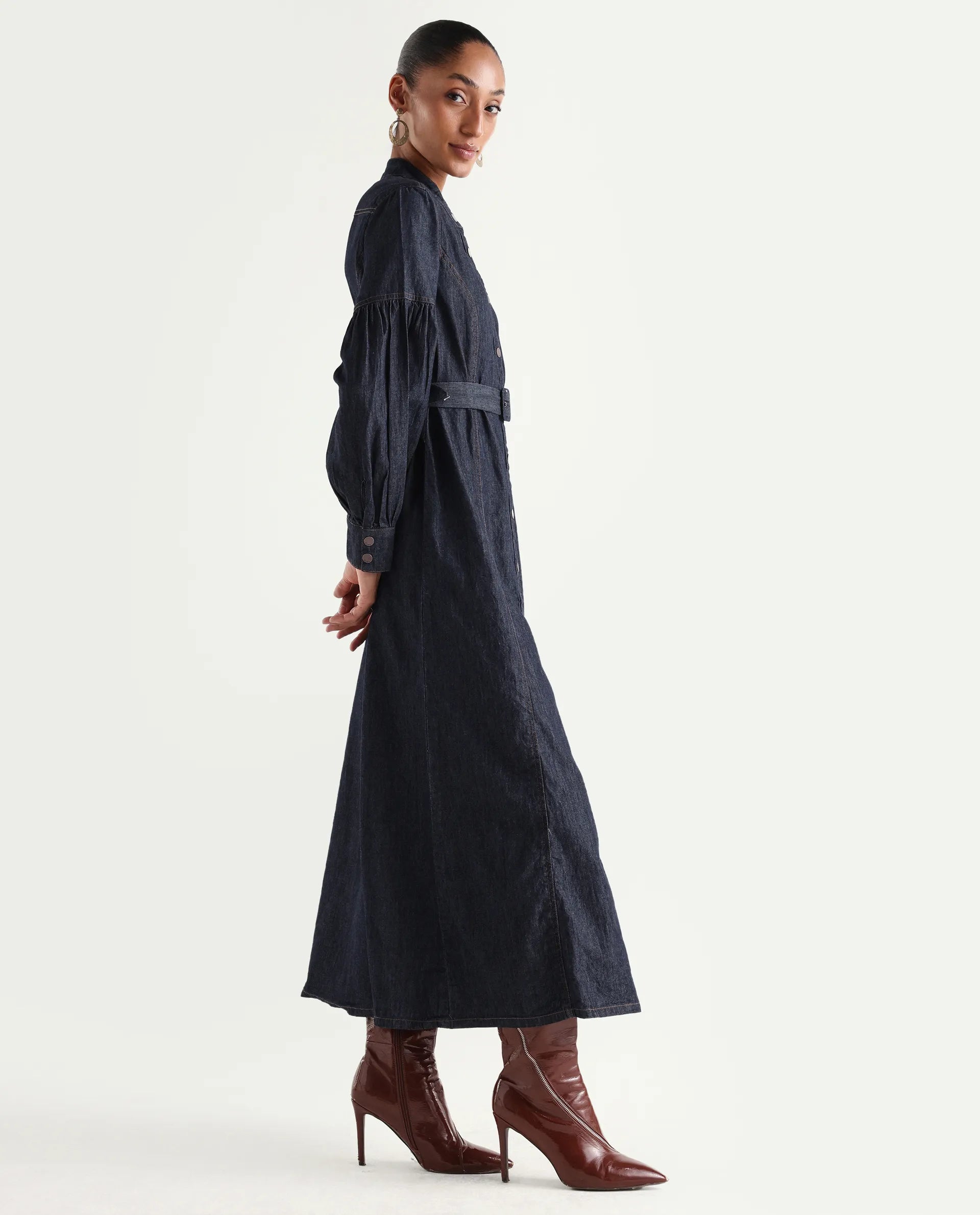 Rareism Women's Denzia Dark Blue Cotton Full Sleeve Spread Collar Regular Fit Plain Dress