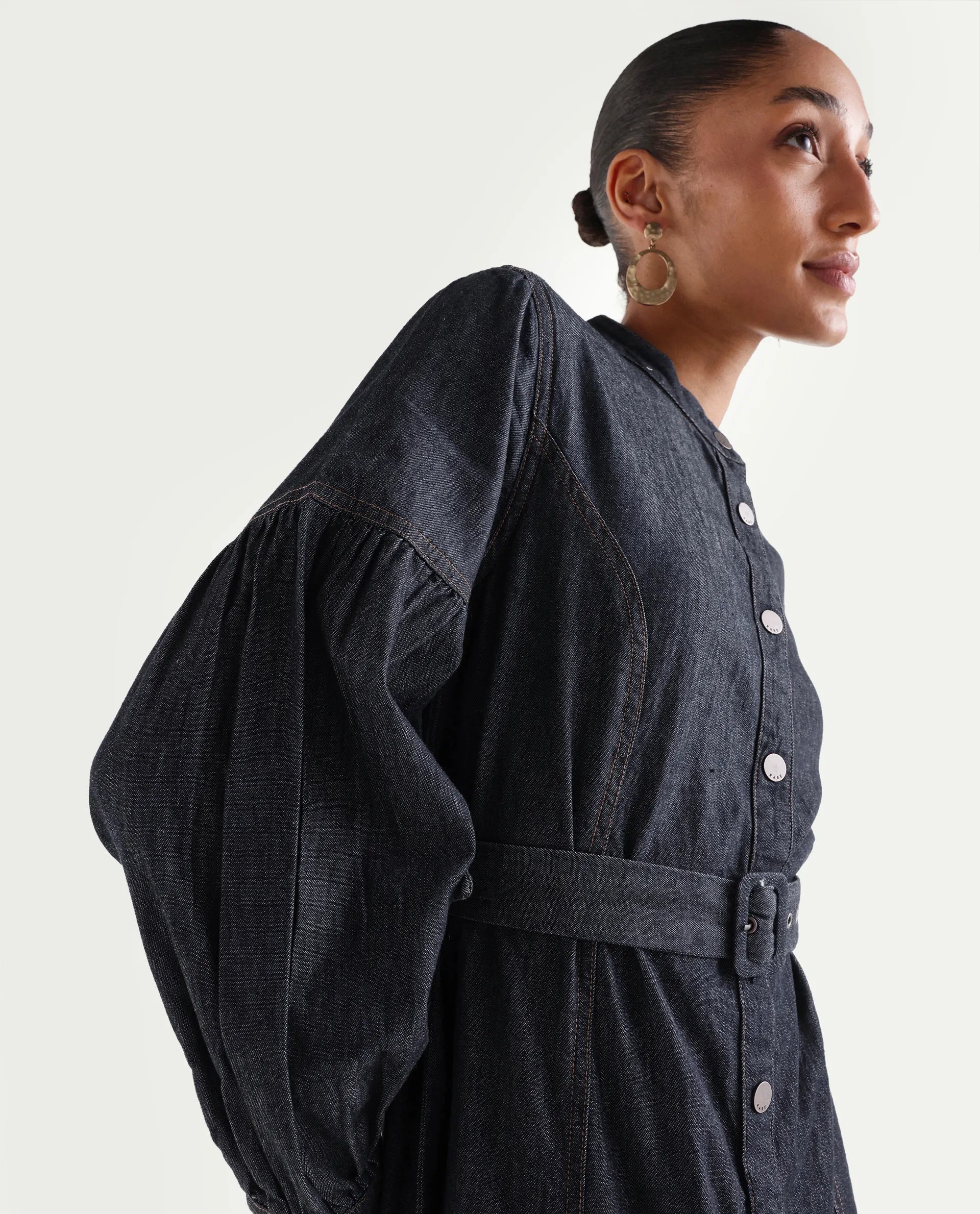 Rareism Women's Denzia Dark Blue Cotton Full Sleeve Spread Collar Regular Fit Plain Dress