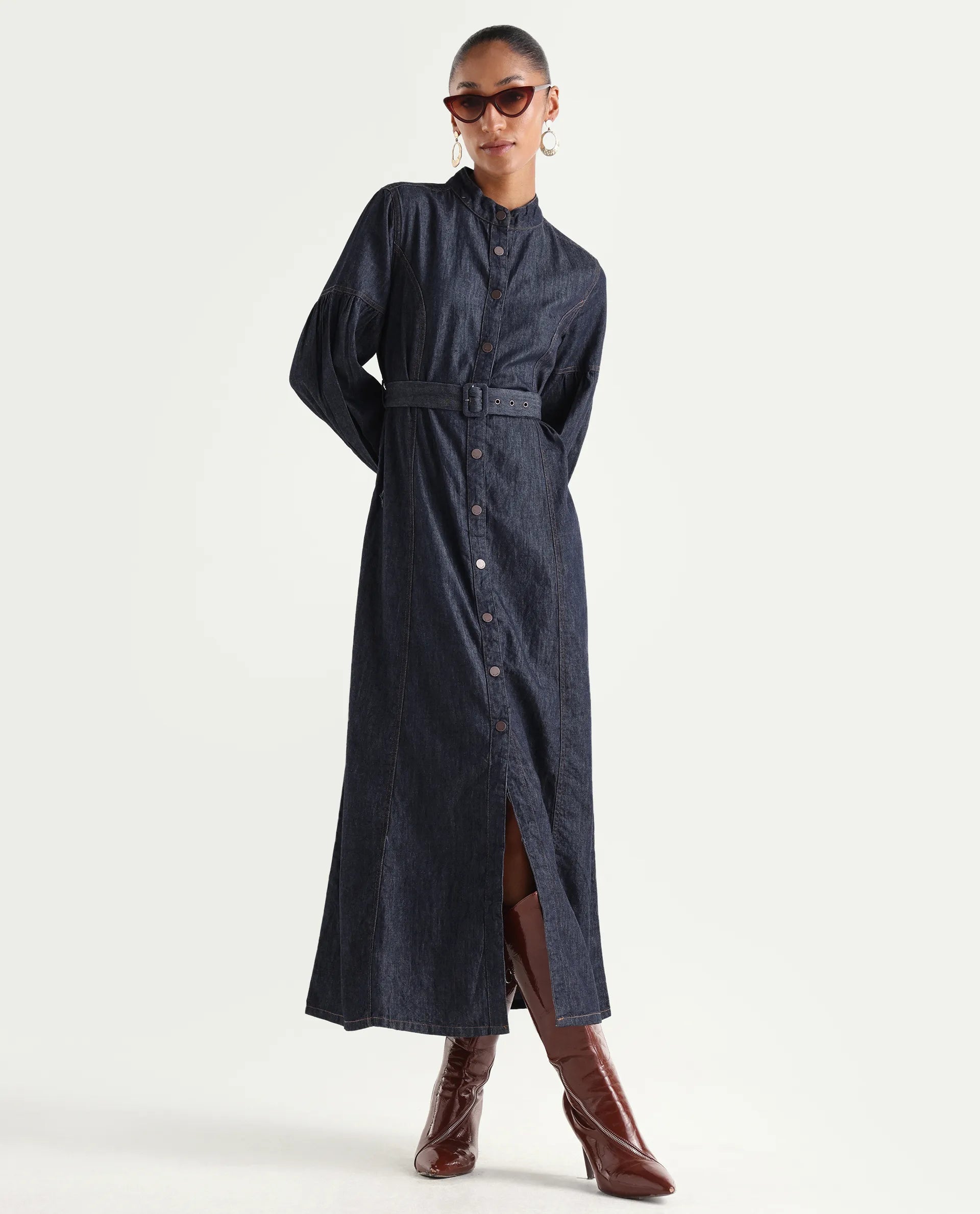 Rareism Women's Denzia Dark Blue Cotton Full Sleeve Spread Collar Regular Fit Plain Dress