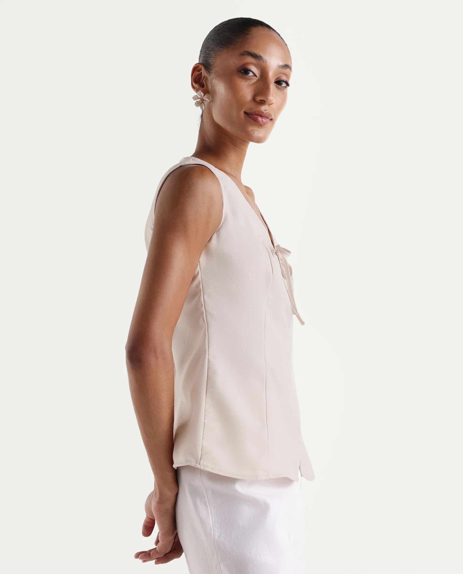 Rareism Women's Valton Primary Beige Polyester Sleeveless V-Neck Regular Fit Top