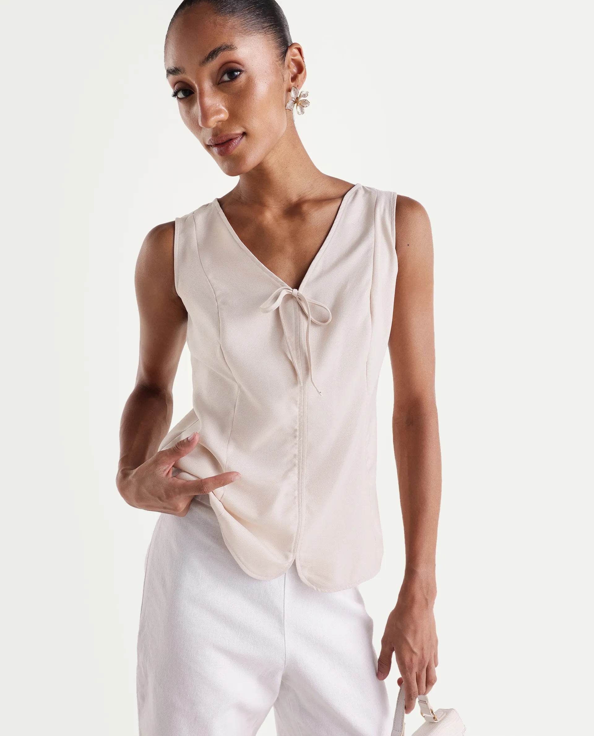 Rareism Women's Valton Primary Beige Polyester Sleeveless V-Neck Regular Fit Top