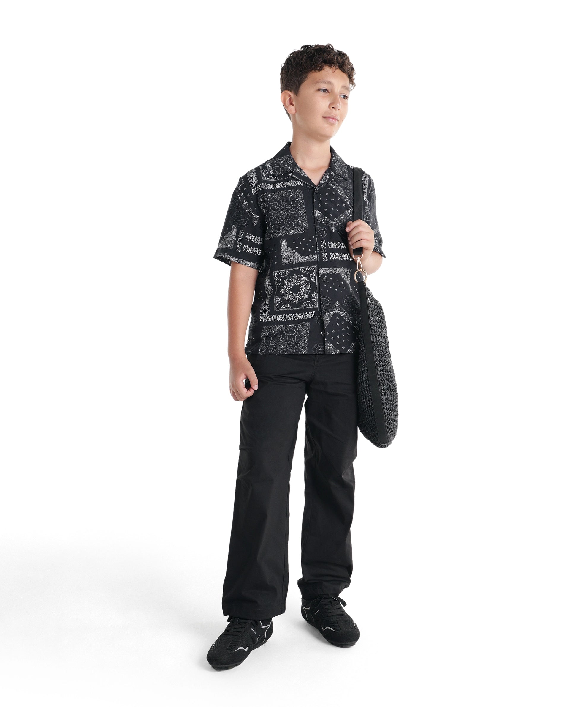 Rare Ones Kids Band-S Black Viscose Blend Fabric Button Closure Regular Fit Shirt
