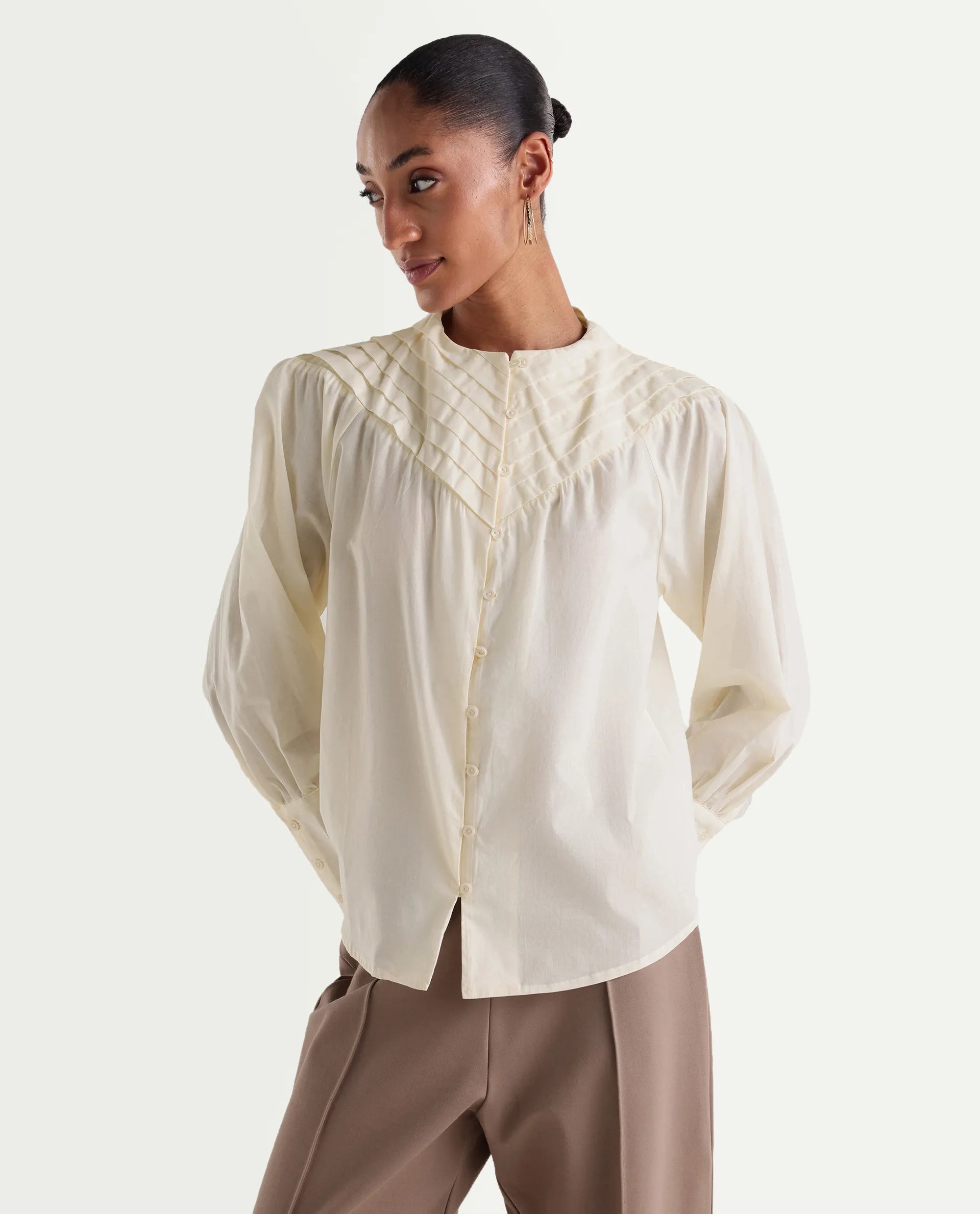 Rareism Women's Hilm Primary Beige Cotton Full Sleeve Crew Neck Regular Fit Top