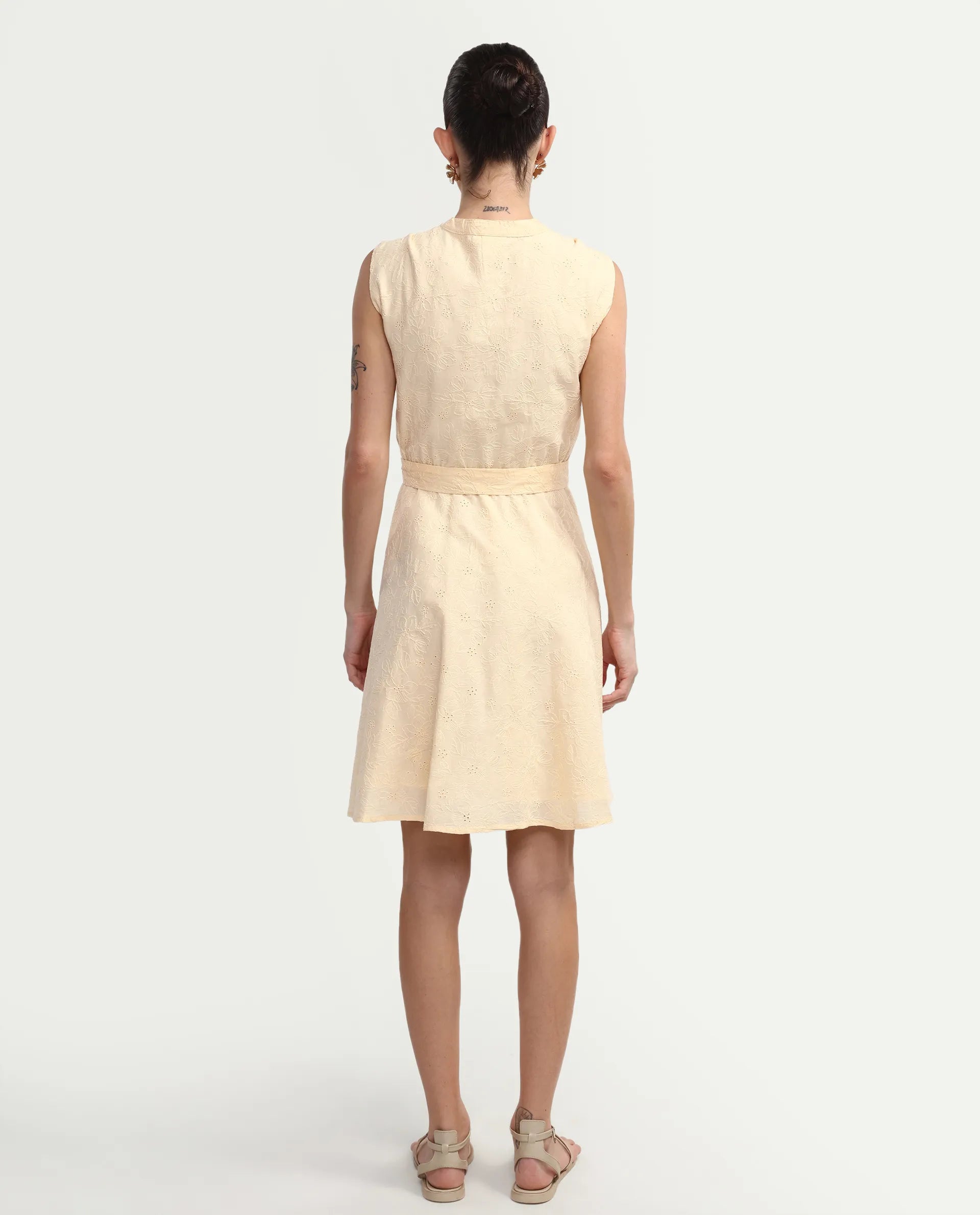 Rareism Women's Rumi Pastel Yellow Cotton Sleeveless Band Collar Regular Fit Plain Dress