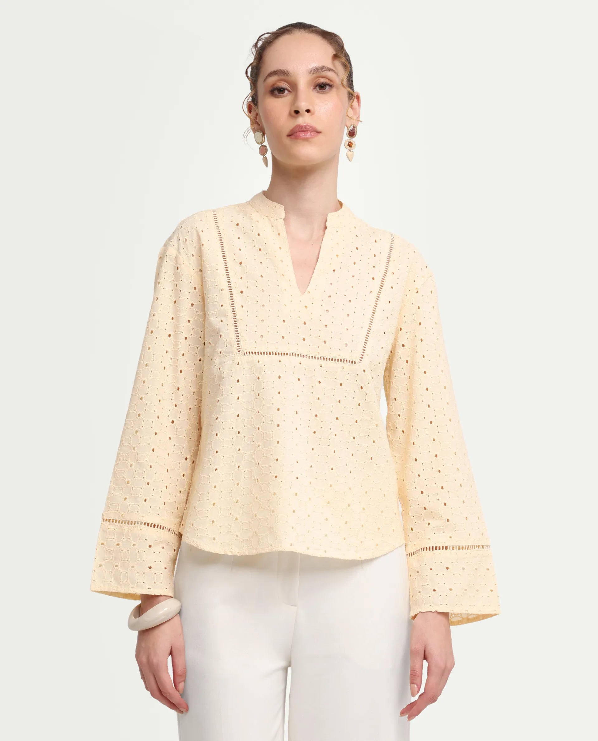 Rareism Women's Ruch Pastel Yellow Cotton Full Sleeve Band Collar Regular Fit Top