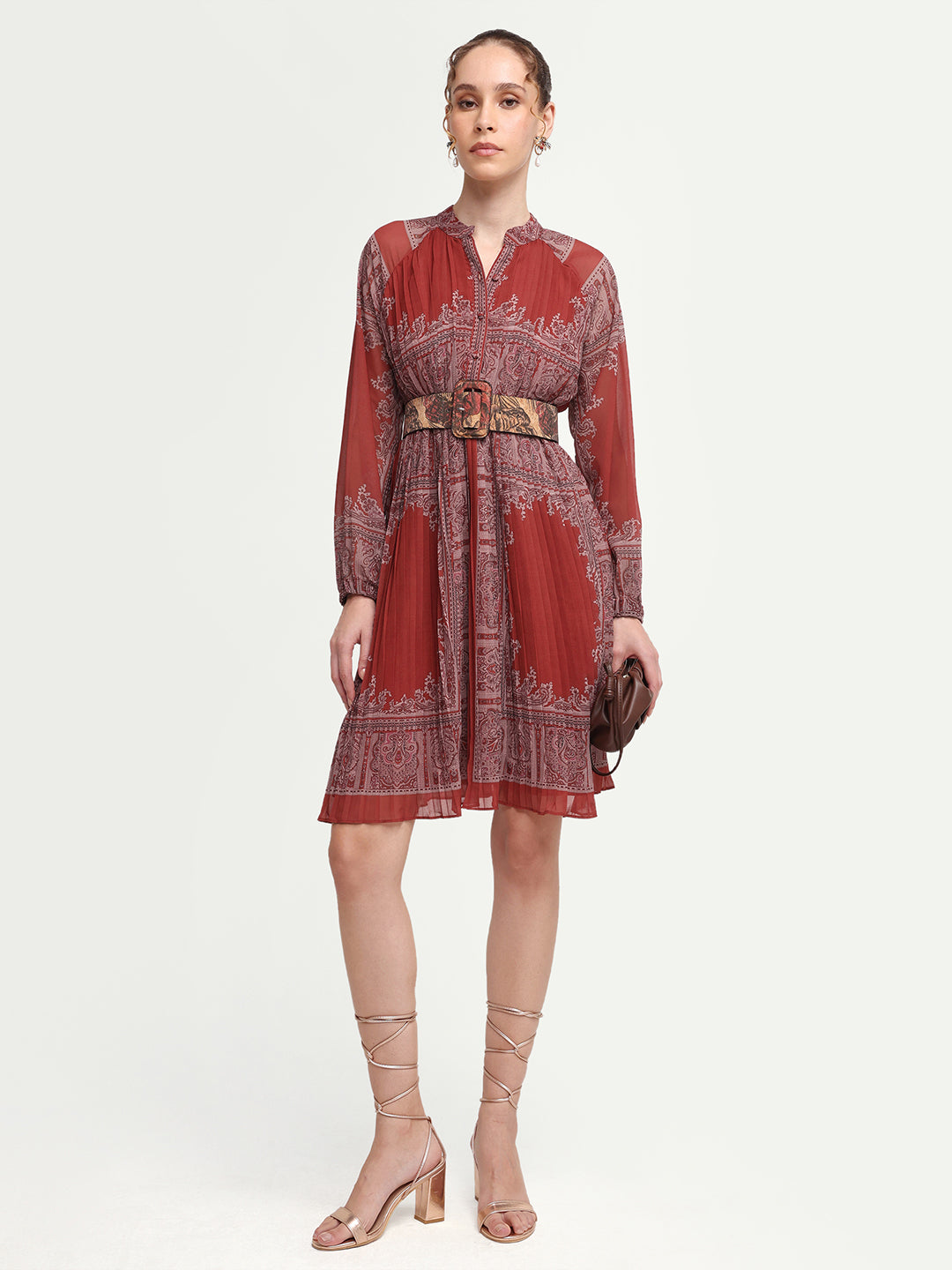 Rareism Women's Addene Rust Polyester Mandarin Collar Button Flared Bandana Print Dress