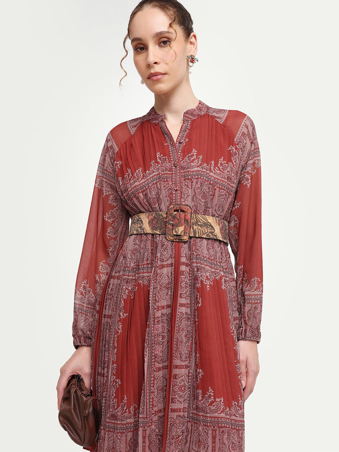Rareism Women's Addene Rust Polyester Mandarin Collar Button Flared Bandana Print Dress