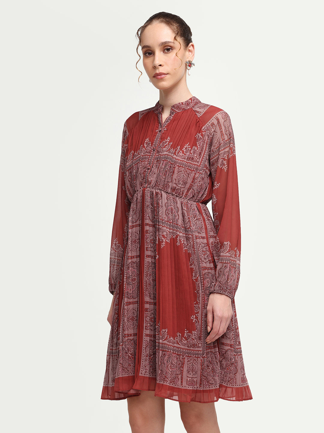 Rareism Women's Addene Rust Polyester Mandarin Collar Button Flared Bandana Print Dress