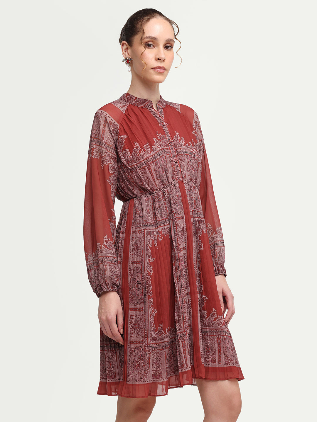 Rareism Women's Addene Rust Polyester Mandarin Collar Button Flared Bandana Print Dress