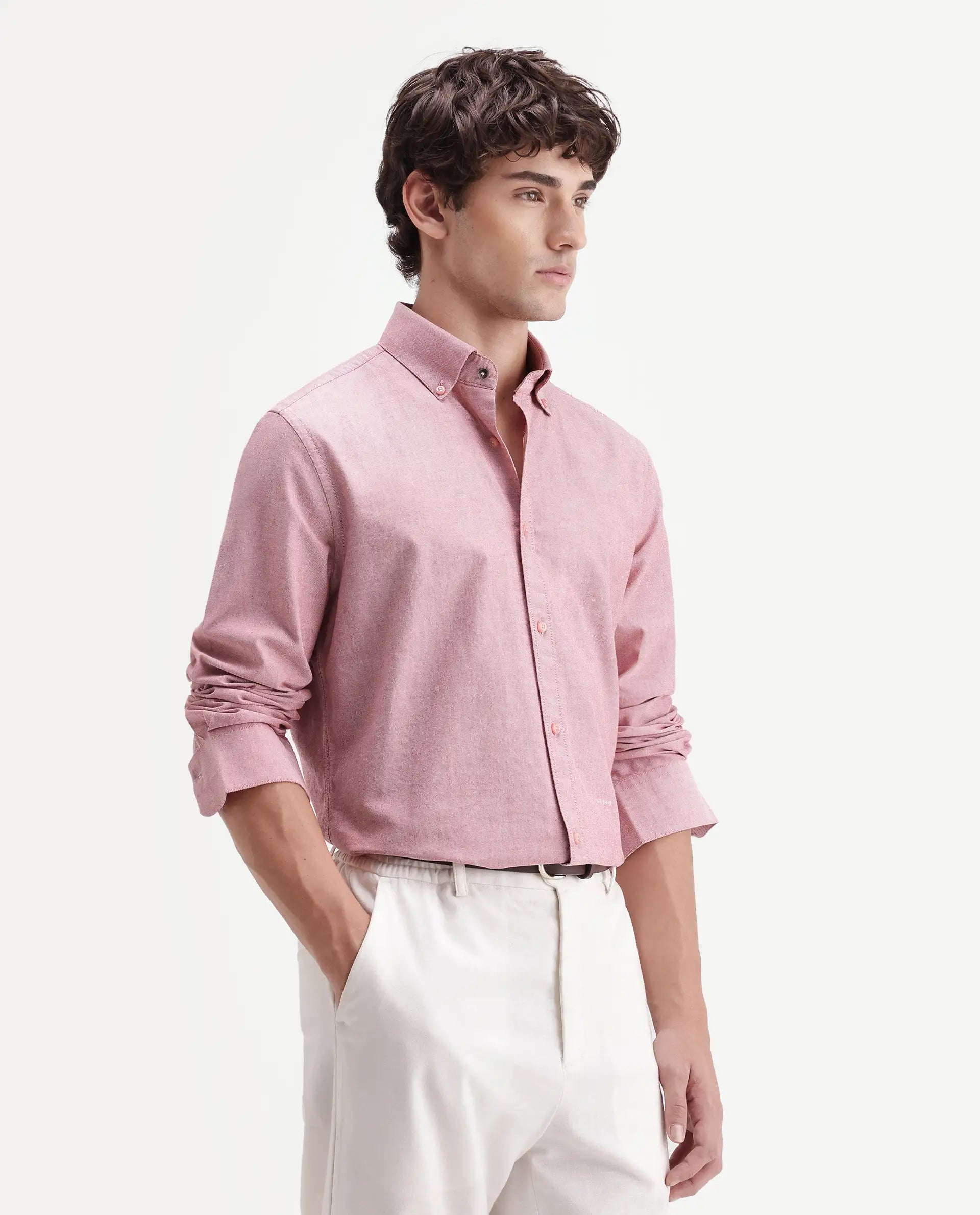 Rare Rabbit Men's Olise Red Cotton Button-Down Collar Regular Fit Plain Shirt