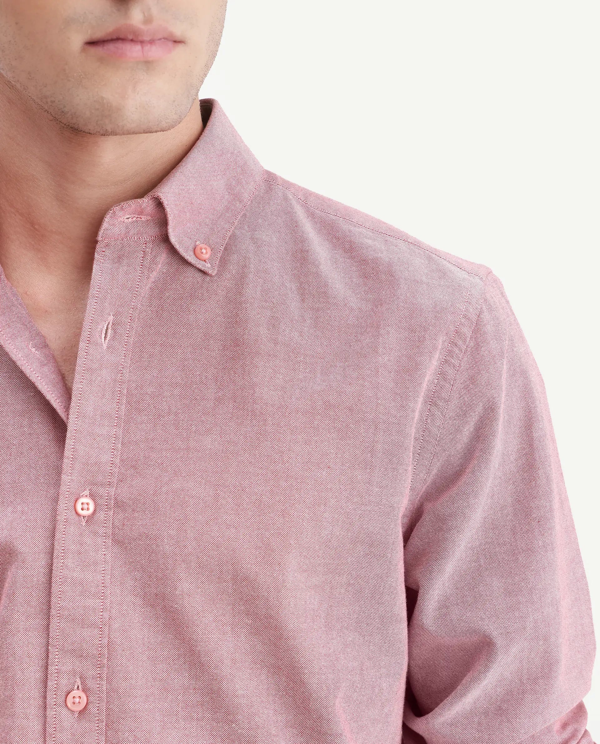 Rare Rabbit Men's Olise Red Cotton Button-Down Collar Regular Fit Plain Shirt