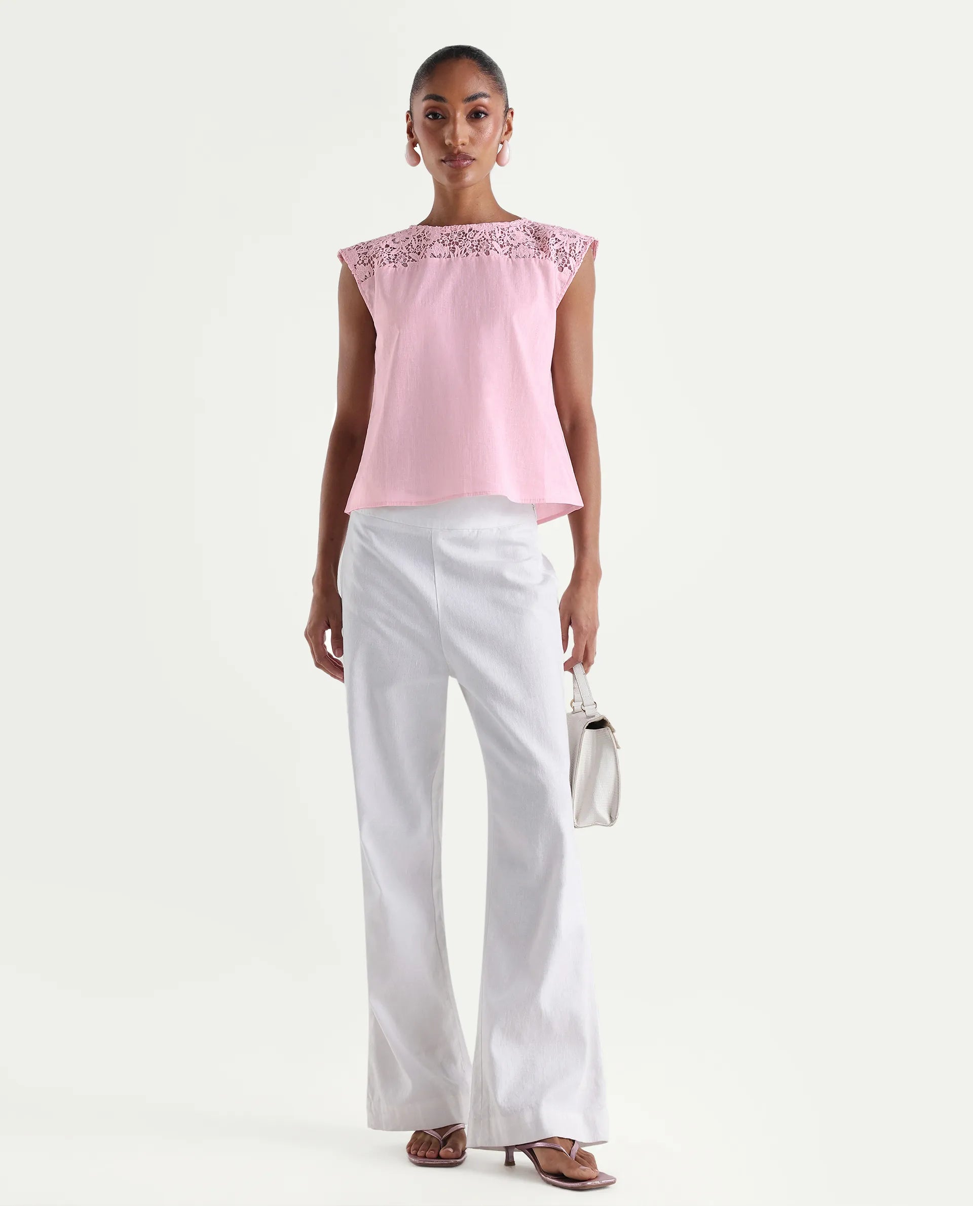 Rareism Women's Hige Light Pink Cotton Crew Neck Regular Plain Top