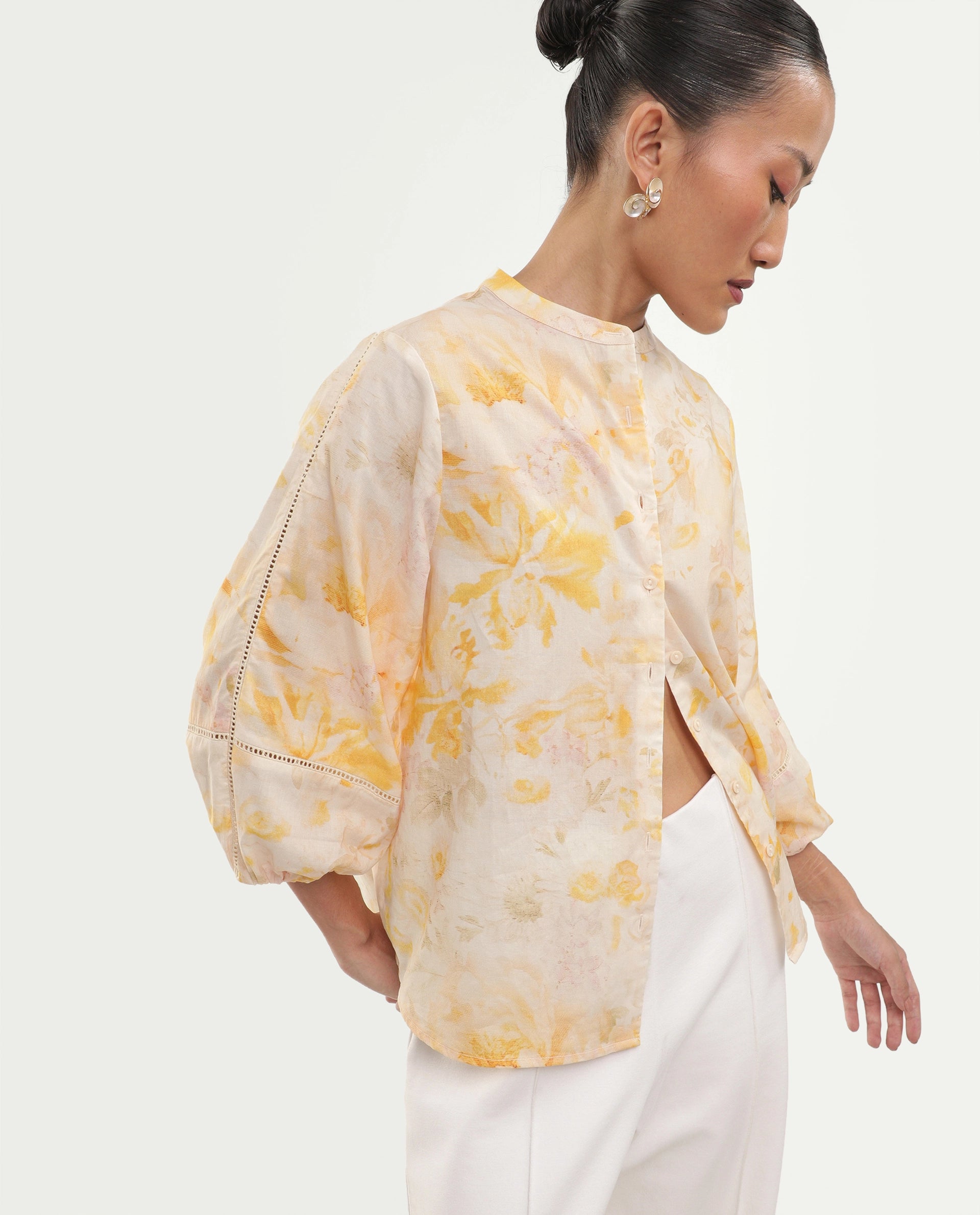 Rareism Women's Runes Yellow Cotton Band Collar Regular Floral Print Top