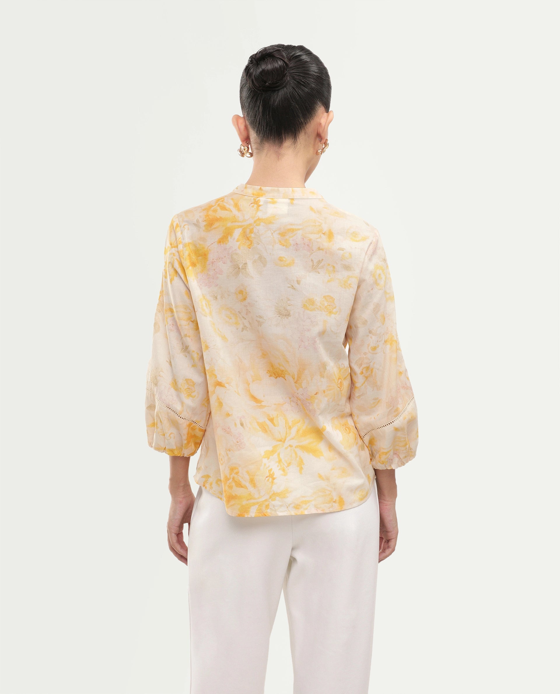 Rareism Women's Runes Yellow Cotton Band Collar Regular Floral Print Top