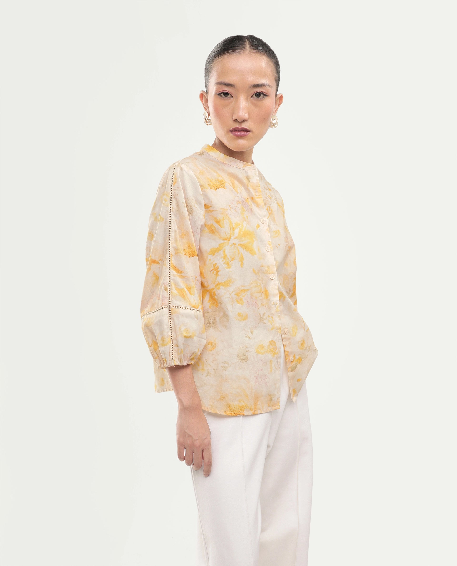 Rareism Women's Runes Yellow Cotton Band Collar Regular Floral Print Top