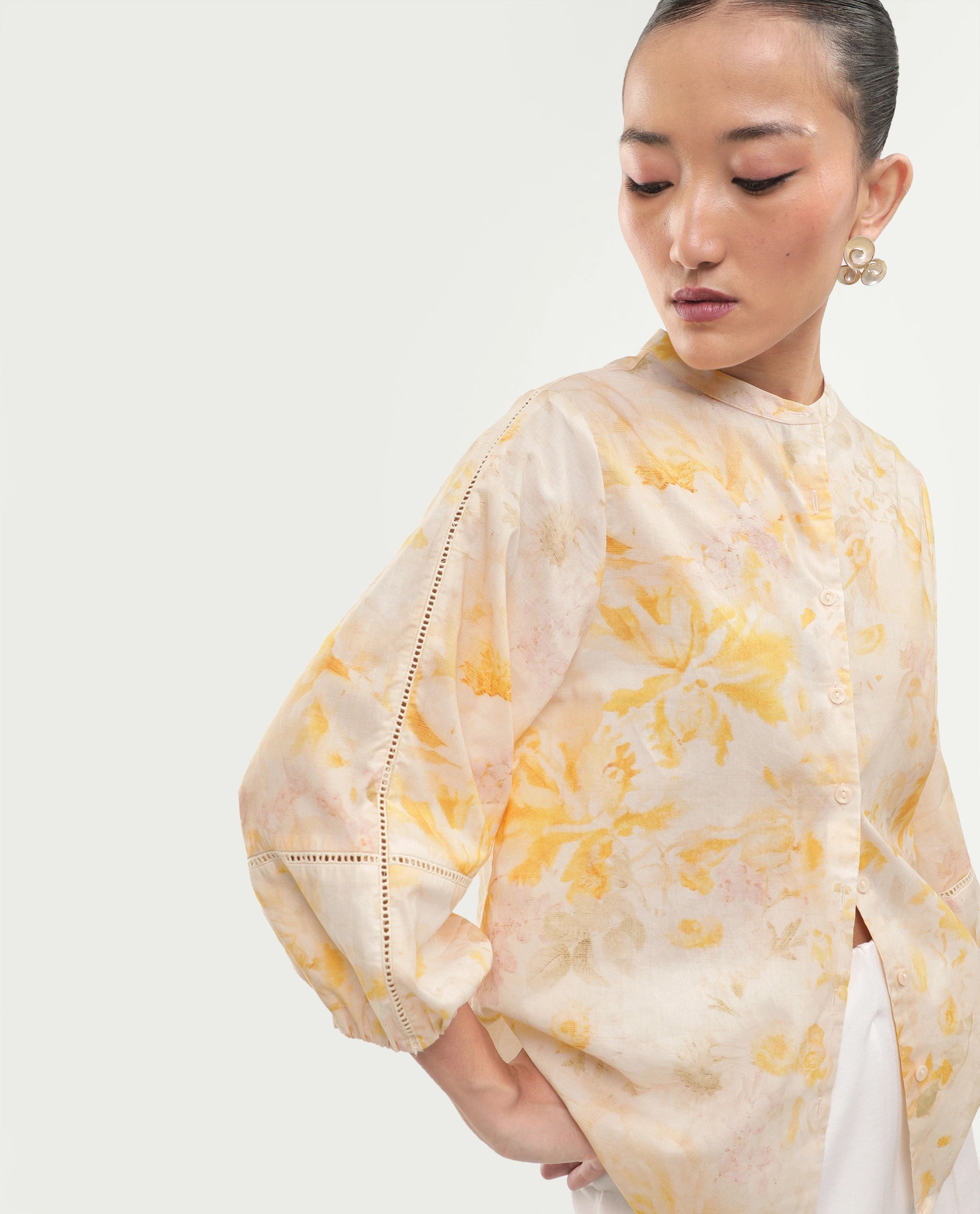 Rareism Women's Runes Yellow Cotton Band Collar Regular Floral Print Top
