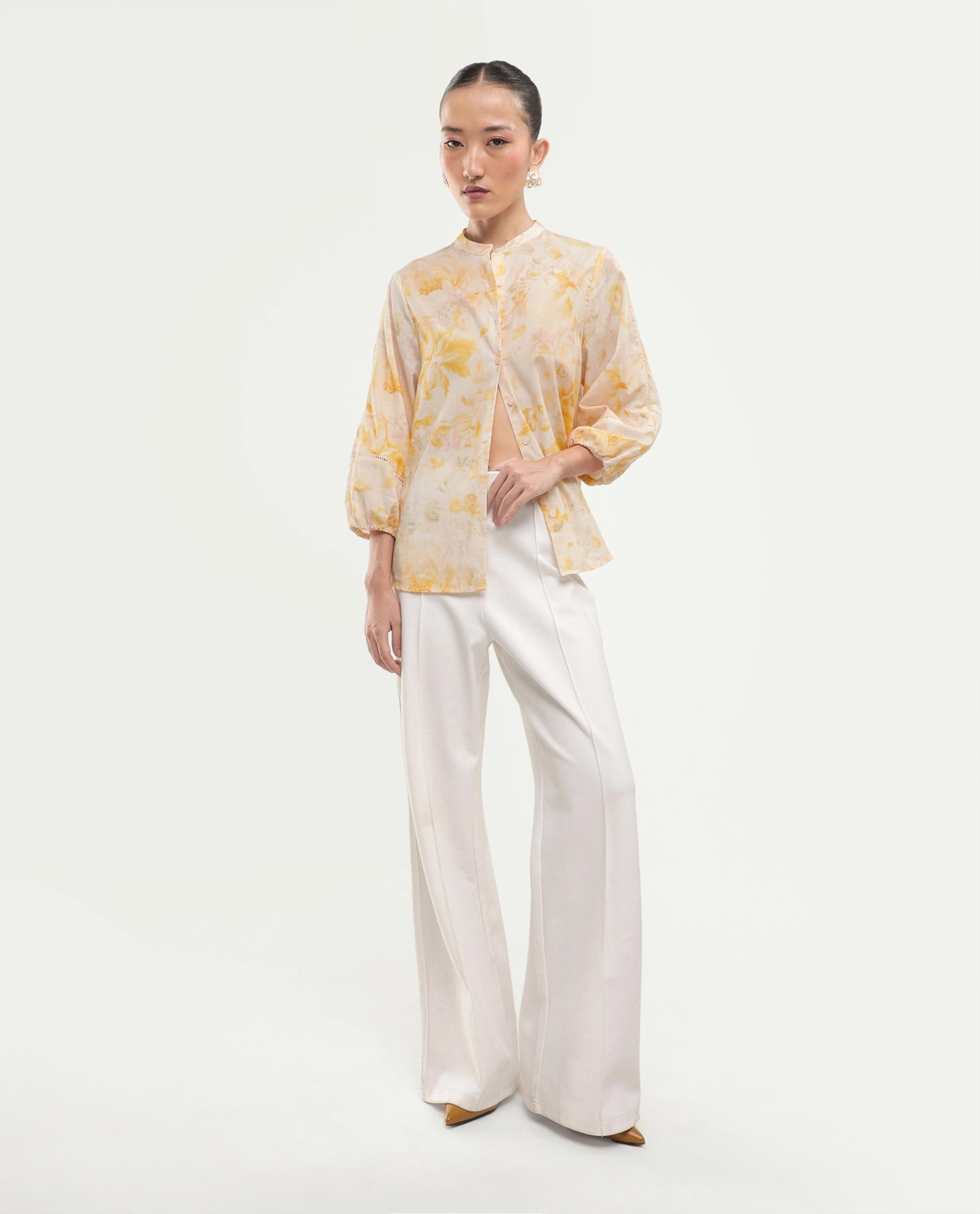 Rareism Women's Runes Yellow Cotton Band Collar Regular Floral Print Top