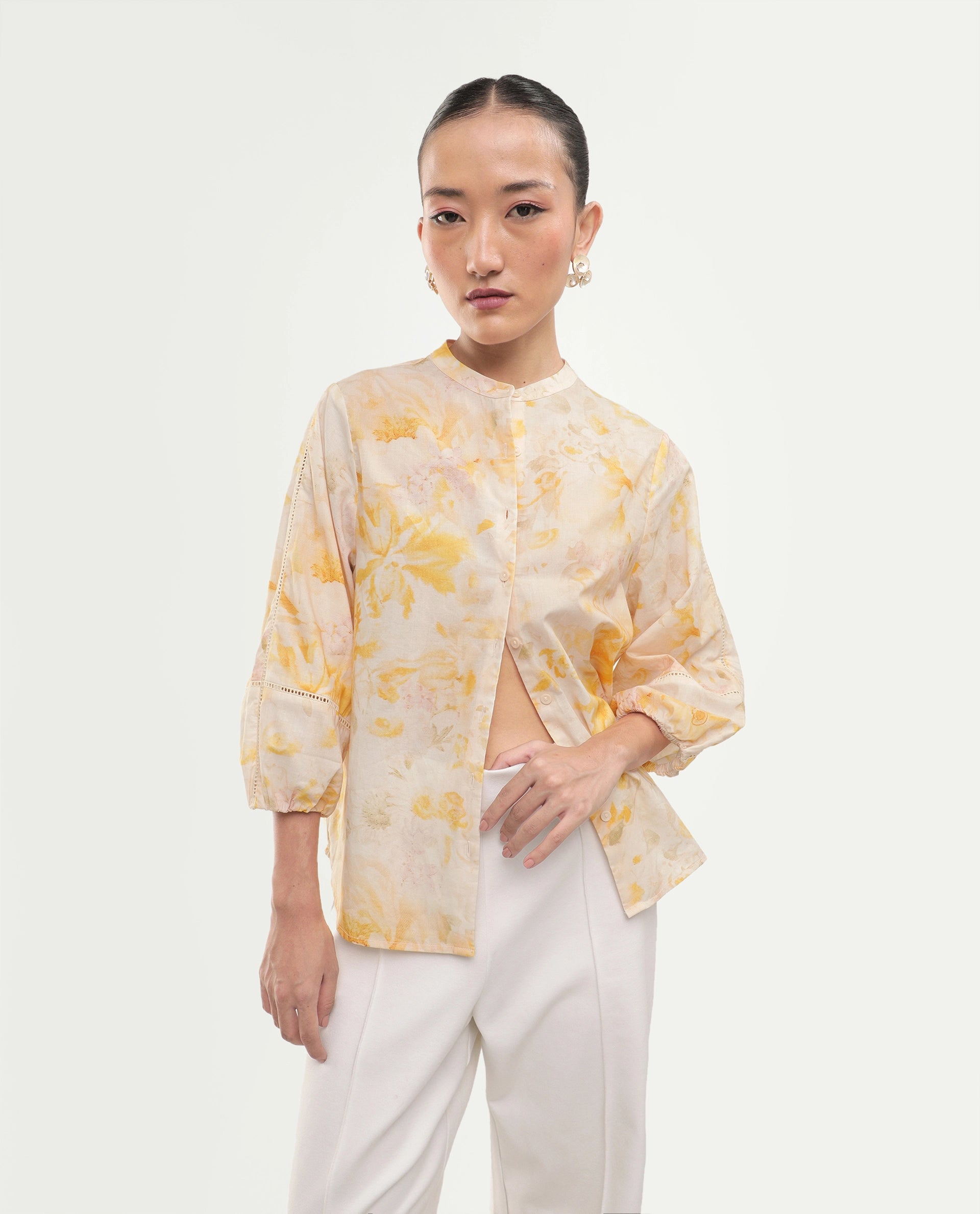 Rareism Women's Runes Yellow Cotton Band Collar Regular Floral Print Top