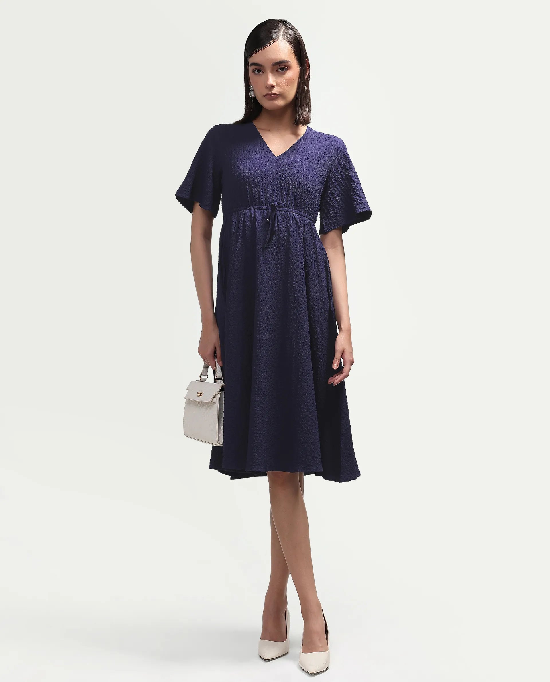Rareism Women's Vondien Navy Polyester V-Neck Flared Plain Dress