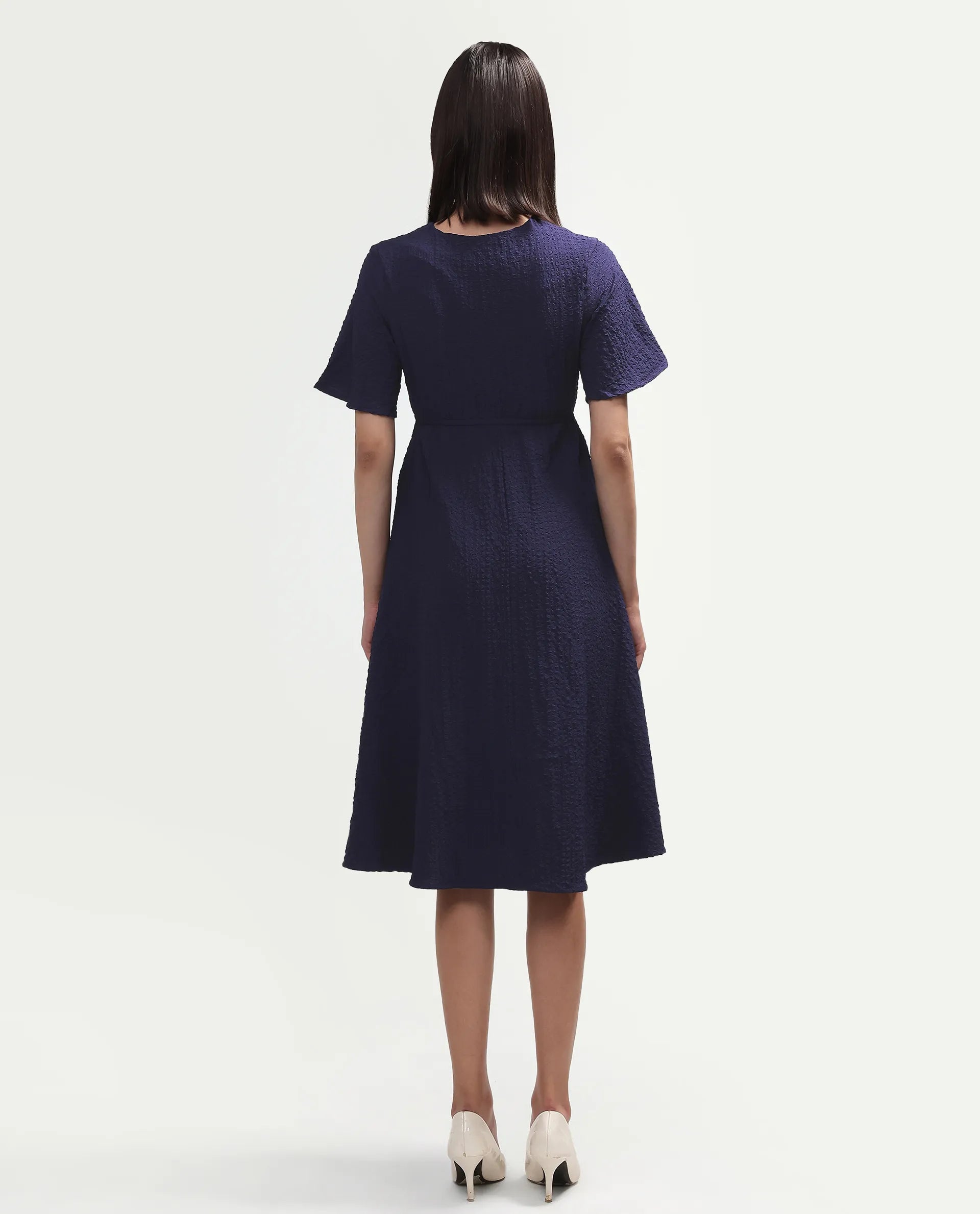 Rareism Women's Vondien Navy Polyester V-Neck Flared Plain Dress