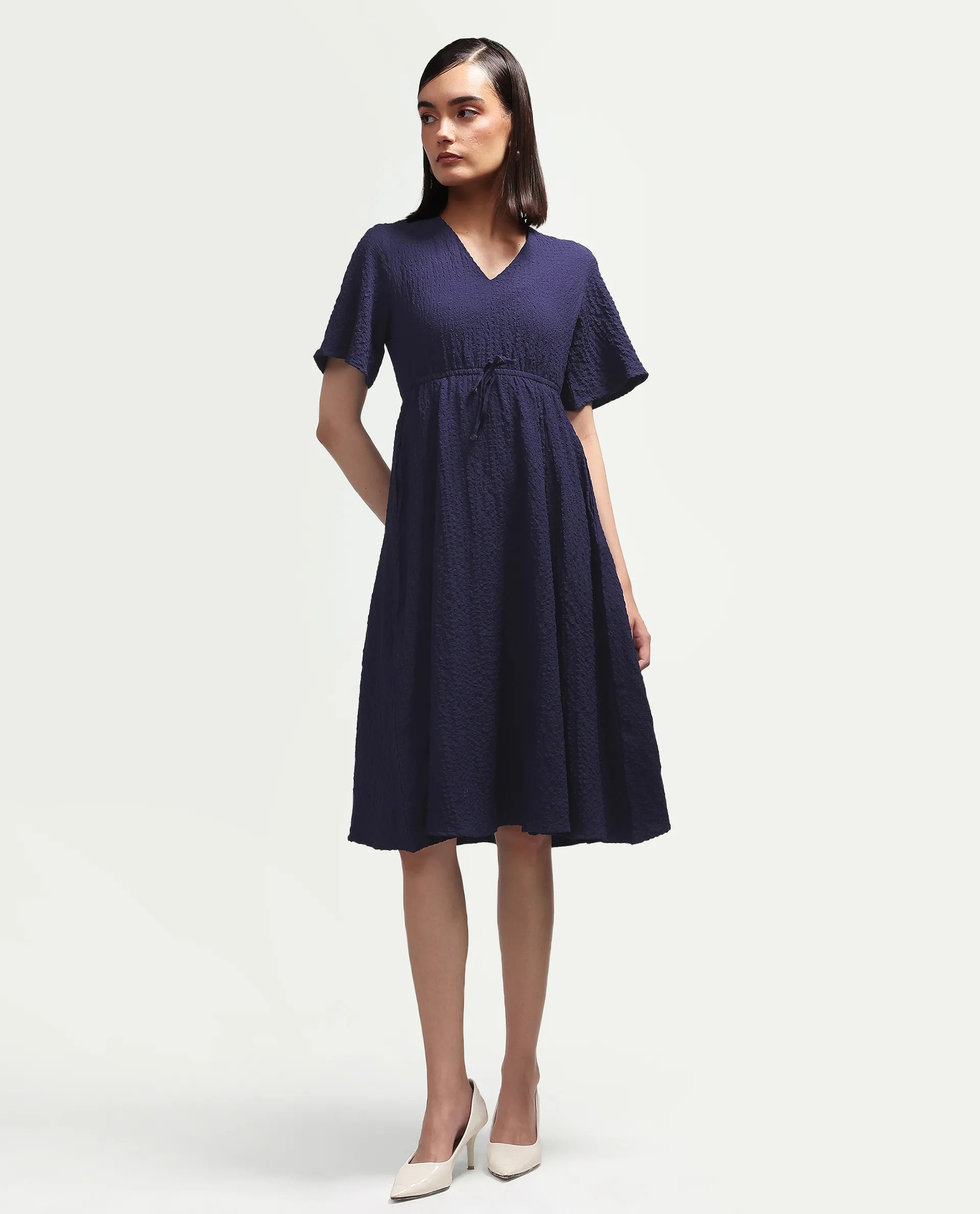 Rareism Women's Vondien Navy Polyester V-Neck Flared Plain Dress